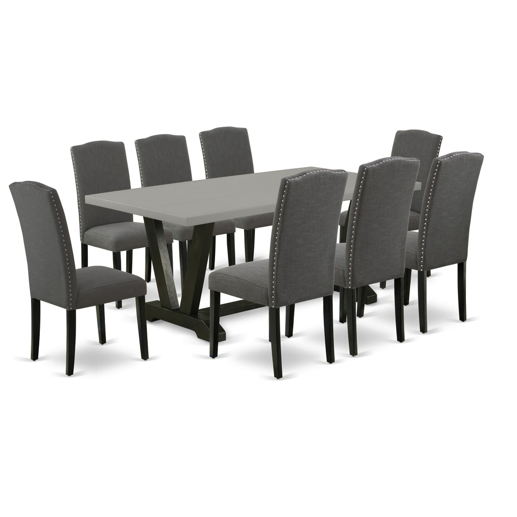East West Furniture V697EN120-9 9 Piece Modern Dining Table Set Includes a Rectangle Wooden Table with V-Legs and 8 Dark Gotham Linen Fabric Parson Dining Chairs
