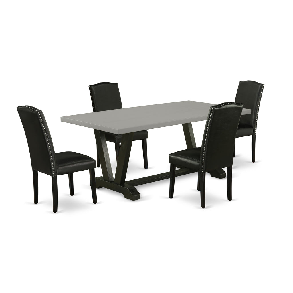 Juego de comedor de 5 piezas East West Furniture V697EN169-5 para 4 personas. Incluye una mesa de comedor rectangular con patas en V y 4 sillas Parson tapizadas en piel sintética negra.