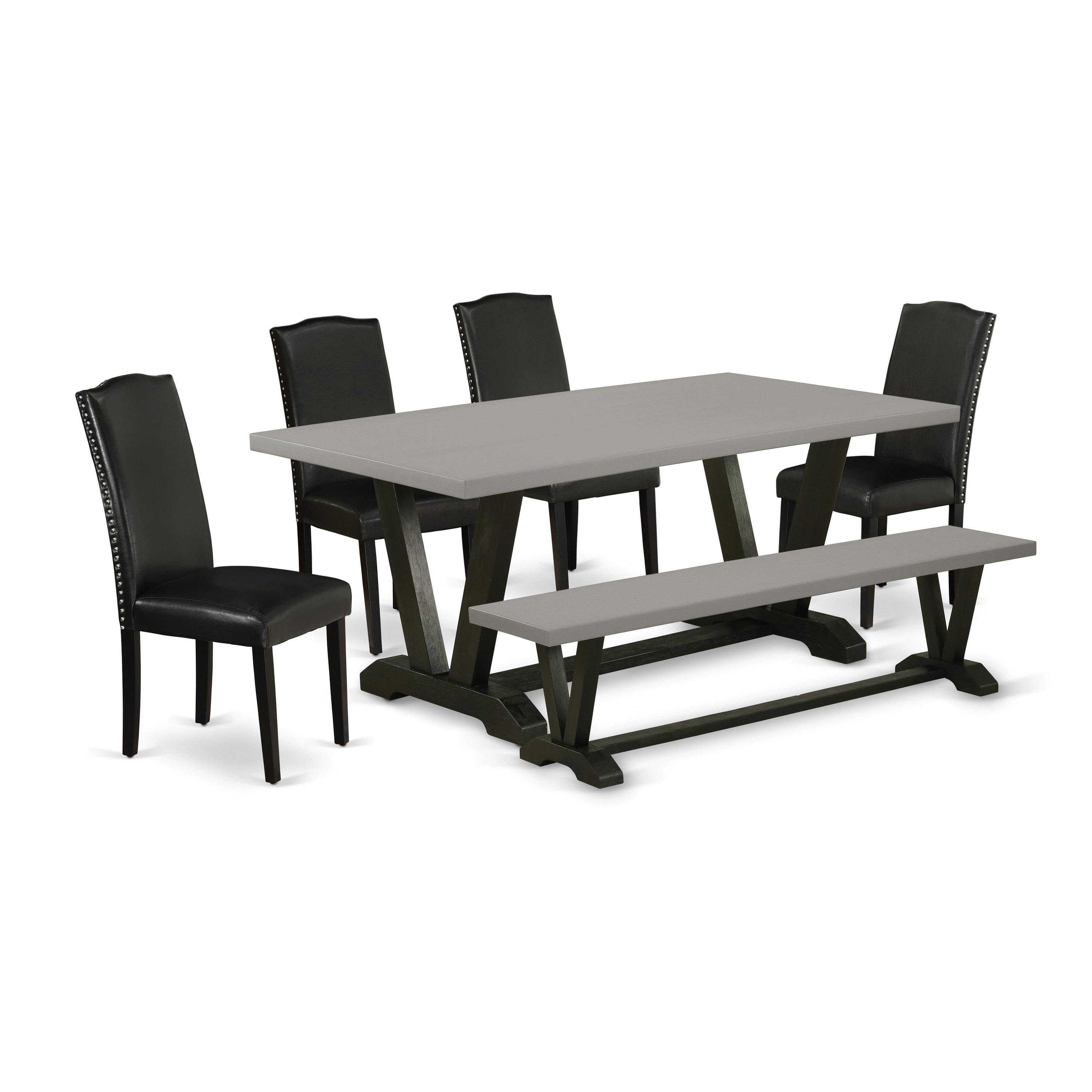 Juego de mesa de comedor moderna de 6 piezas East West Furniture V697EN169-6. Contiene una mesa rectangular de madera con patas en V y 4 sillas Parson de piel sintética negra con un banco.