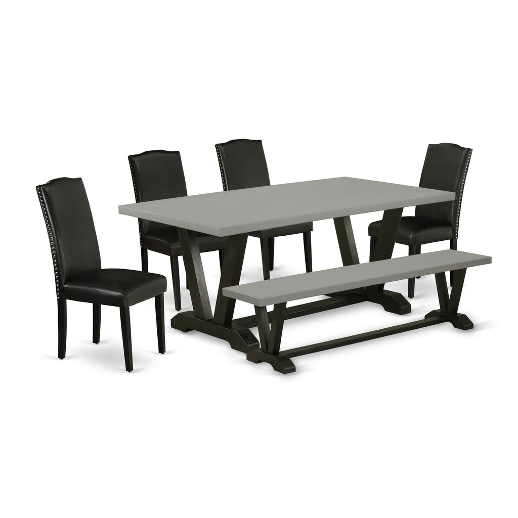 East West Furniture V697EN169-6 6 Piece Modern Dining Table Set Contains a Rectangle Wooden Table with V-Legs and 4 Black Faux Leather Parson Chairs with a Bench