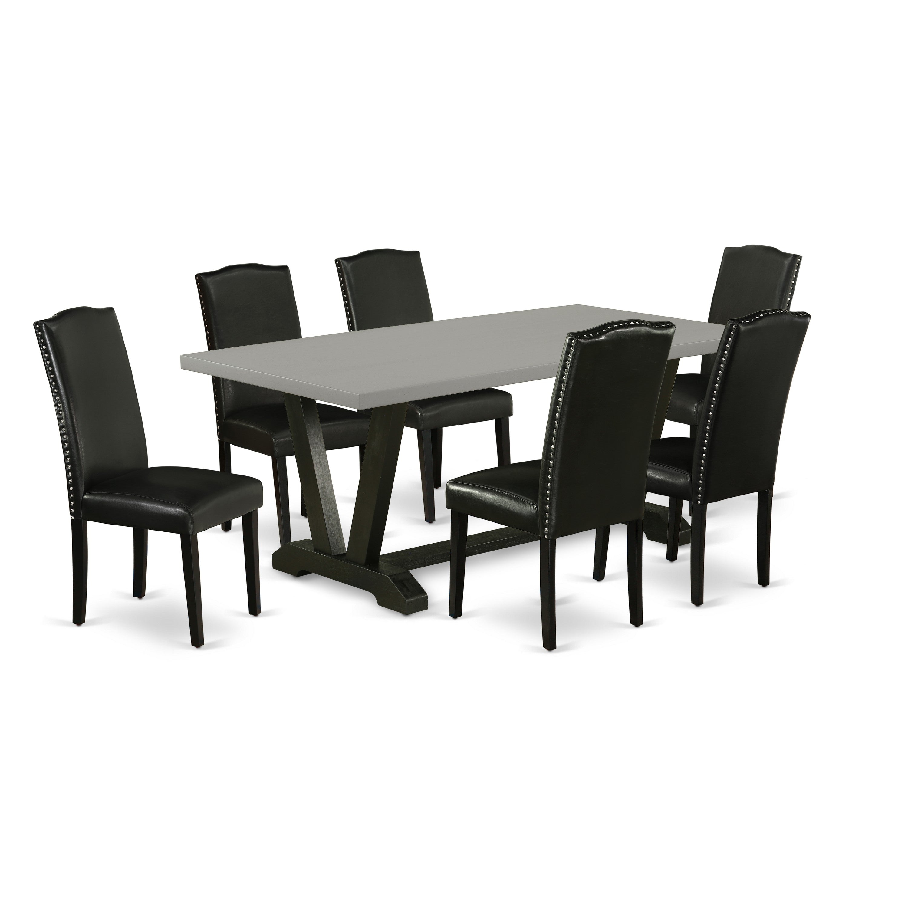 Juego de comedor de 7 piezas East West Furniture V697EN169-7 compuesto por una mesa de comedor rectangular con patas en V y 6 sillas Parson tapizadas en piel sintética negra.