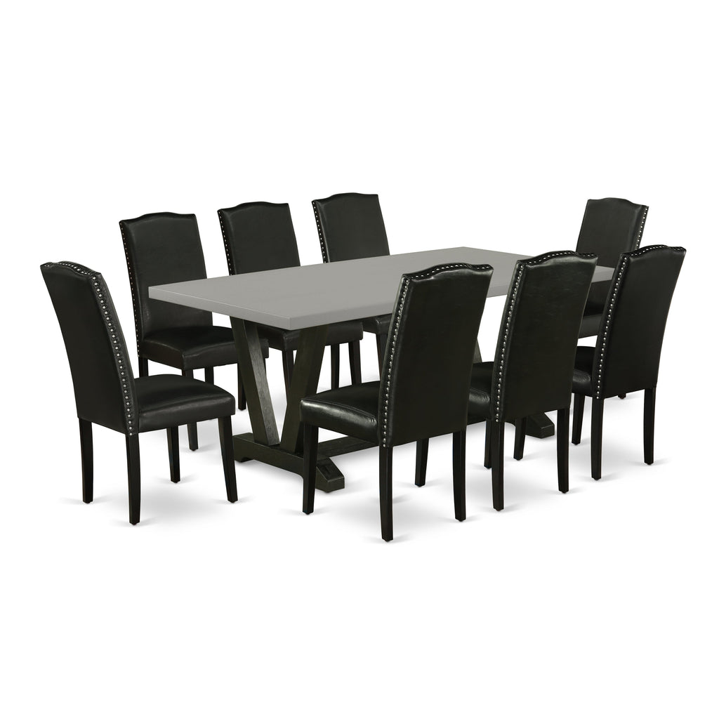 East West Furniture V697EN169-9 9 Piece Dining Table Set Includes a Rectangle Dining Room Table with V-Legs and 8 Black Faux Leather Parsons Chairs