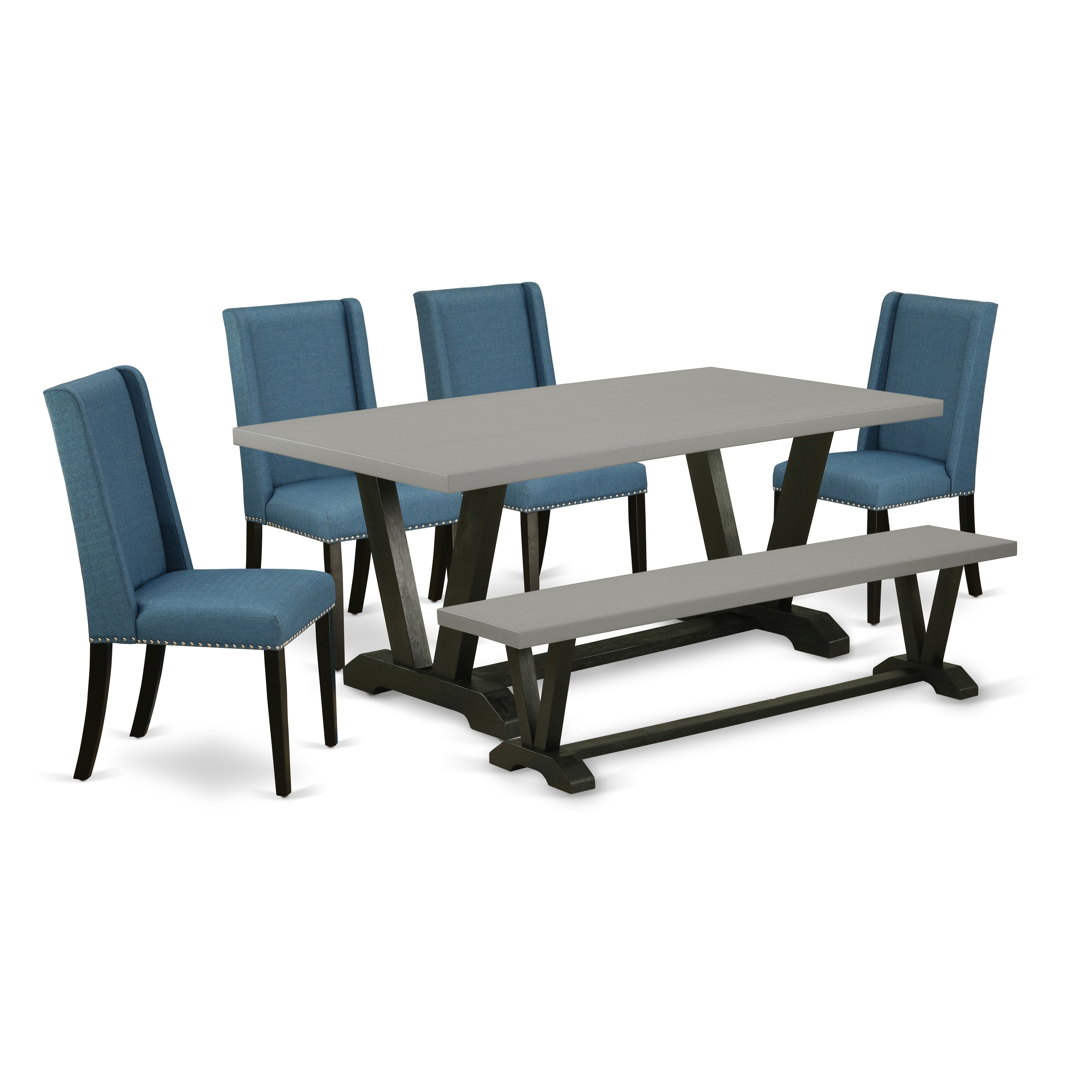 Juego de muebles de comedor de 6 piezas East West Furniture V697FL121-6. Contiene una mesa de comedor rectangular con patas en V y 4 sillas Parson de tela de lino azul con un banco.