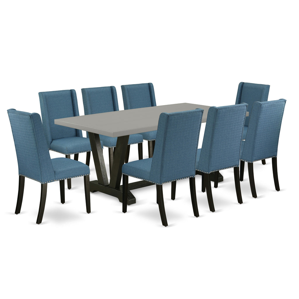 East West Furniture V697FL121-9 9 Piece Dining Table Set Includes a Rectangle Dining Room Table with V-Legs and 8 Blue Linen Fabric Parsons Chairs