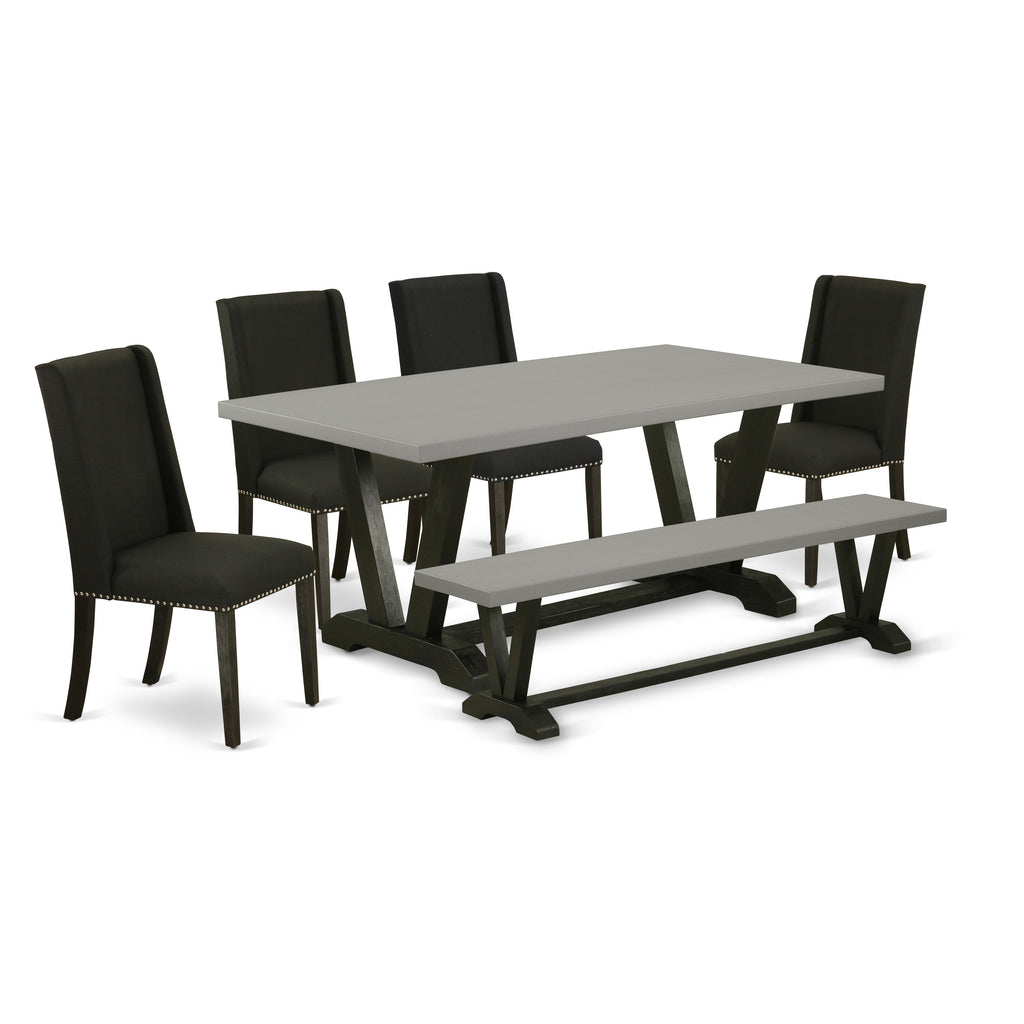 Juego de mesa de comedor de 6 piezas East West Furniture V697FL624-6. Contiene una mesa de comedor rectangular con patas en V y 4 sillas Parson de tela de lino negro con un banco.
