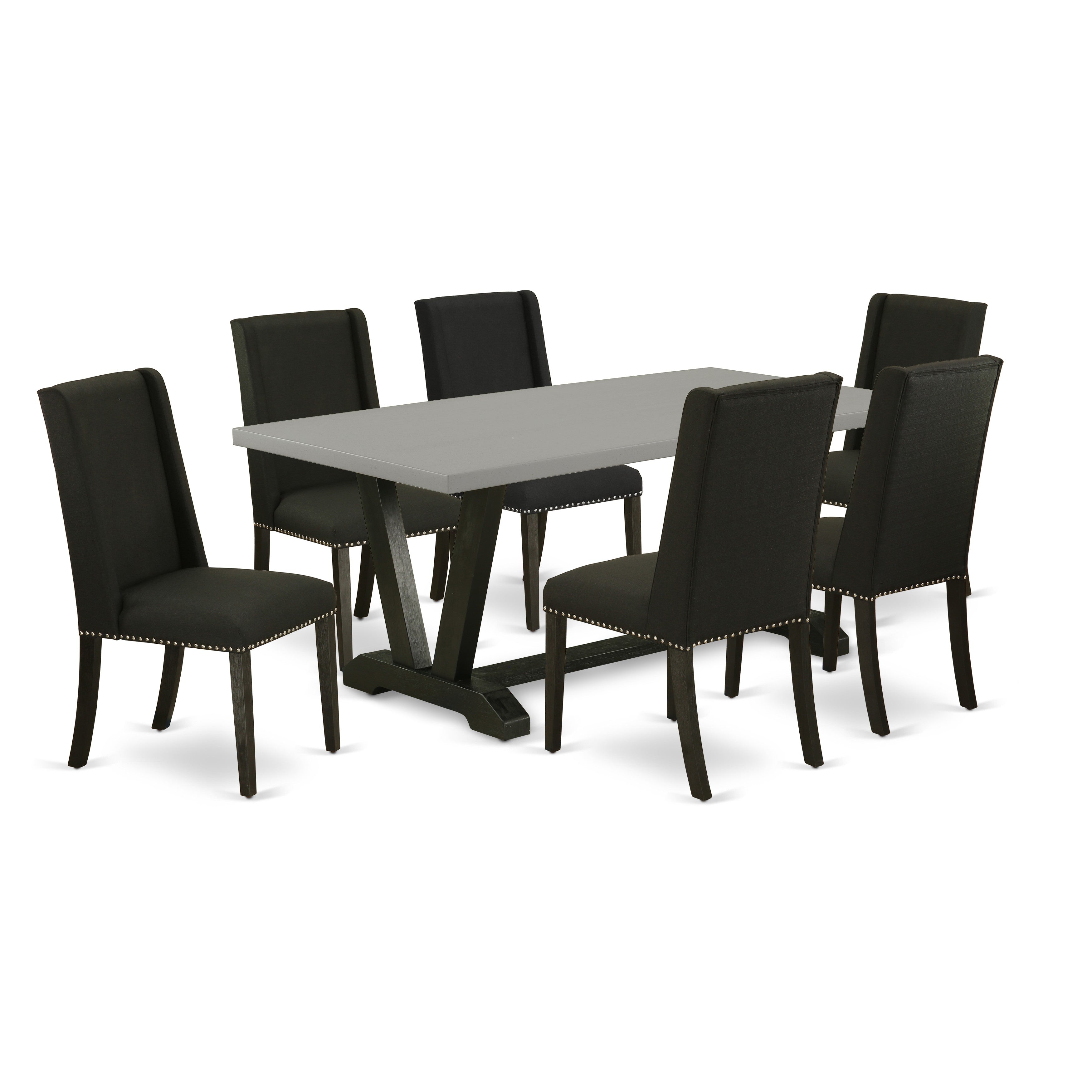East West Furniture V697FL624-7 7-Piece dining table set an excellent Cement Color small kitchen Table top and 6 beautiful parson chairs with Nail heads and High Stylish Chair Back, Wire Brushed Black Finish