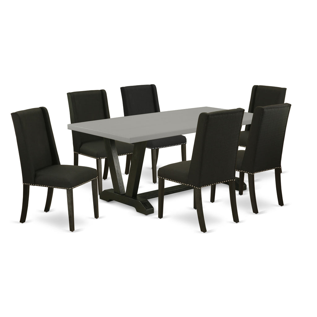 Juego de mesa de comedor moderna East West Furniture V697FL624-7 de 7 piezas compuesto por una mesa rectangular de madera con patas en V y 6 sillas de comedor Parson de tela de lino negro.