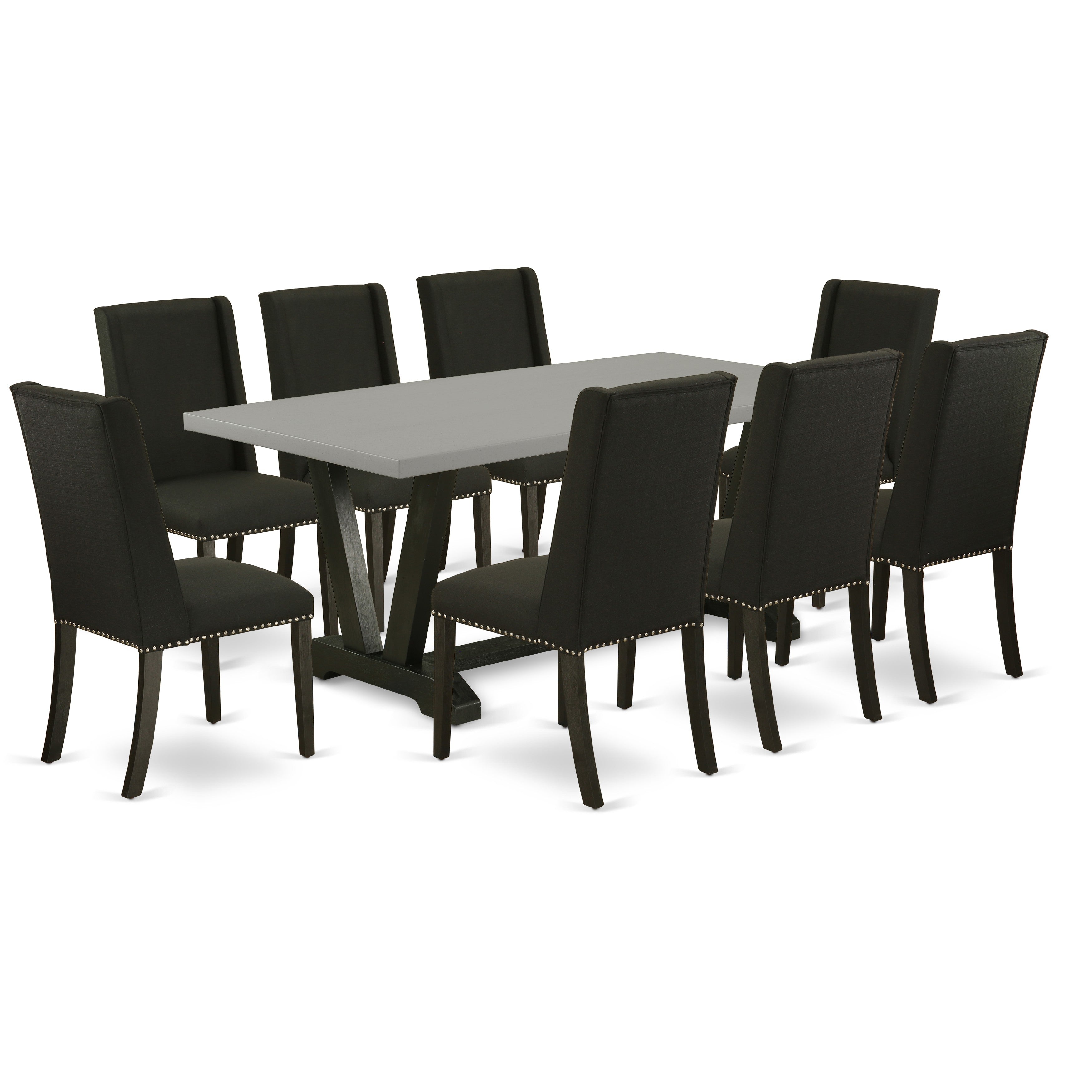 El juego de mesa de cocina de 9 piezas East West Furniture V697FL624-9 incluye una mesa de comedor rectangular con patas en V y 8 sillas de comedor Parson de tela de lino negro.