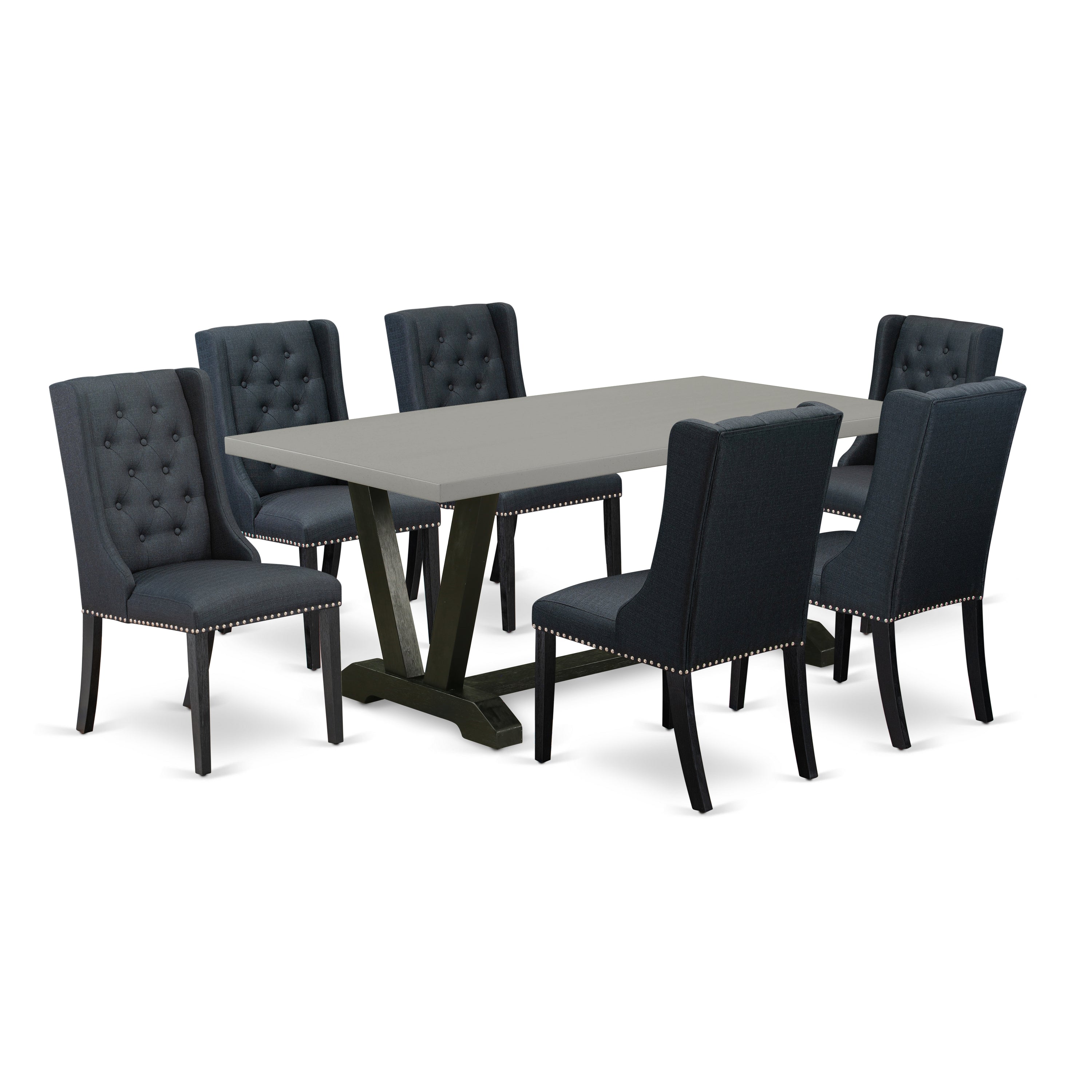 Juego de mesa y sillas de cocina de 7 piezas East West Furniture V697FO624-7. Incluye una mesa de comedor rectangular con patas en V y 6 sillas de comedor Parson de tela de lino negro.