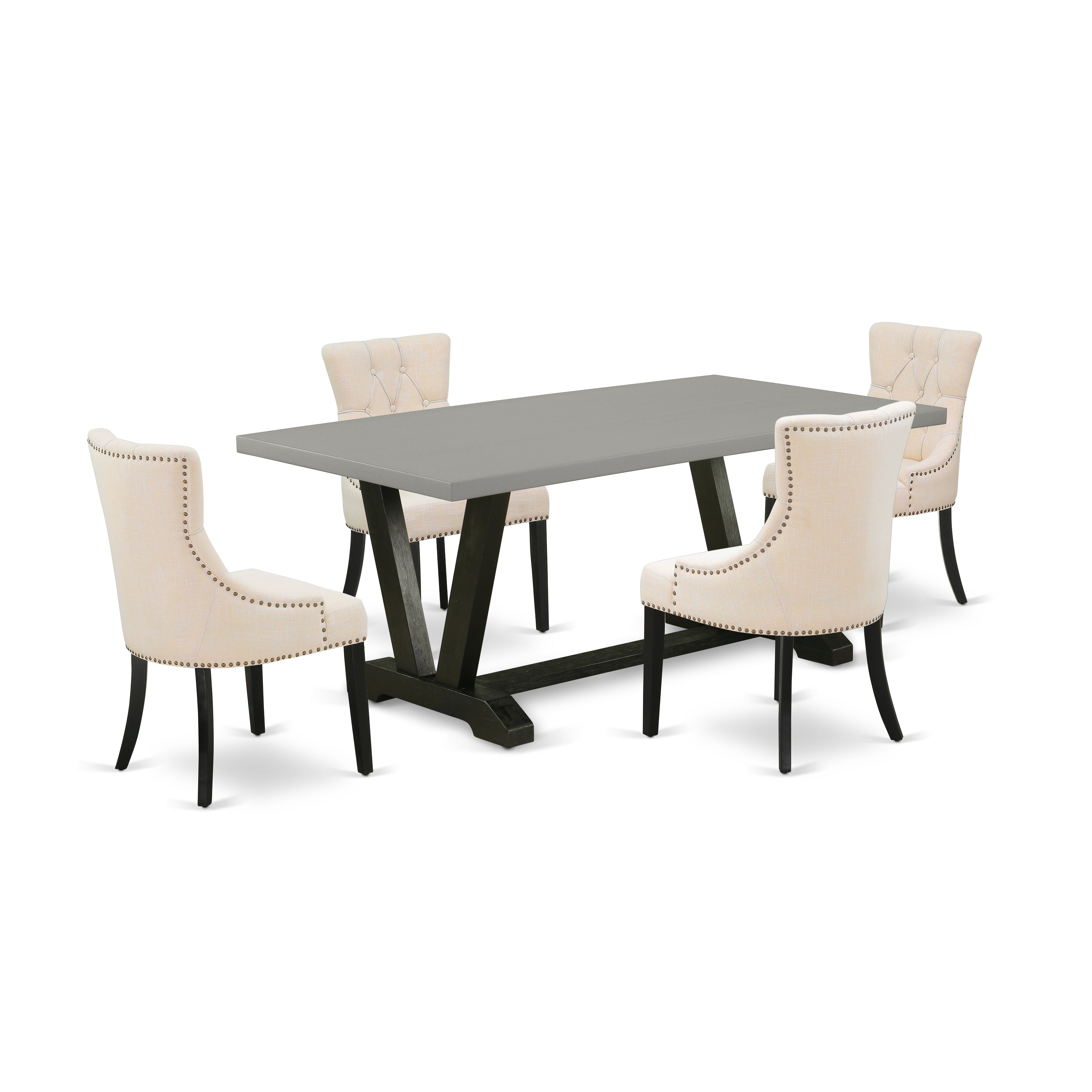 Juego de comedor de 5 piezas East West Furniture V697FR102-5. Incluye una mesa de comedor rectangular con patas en V y 4 sillas tapizadas en tela de lino beige claro.