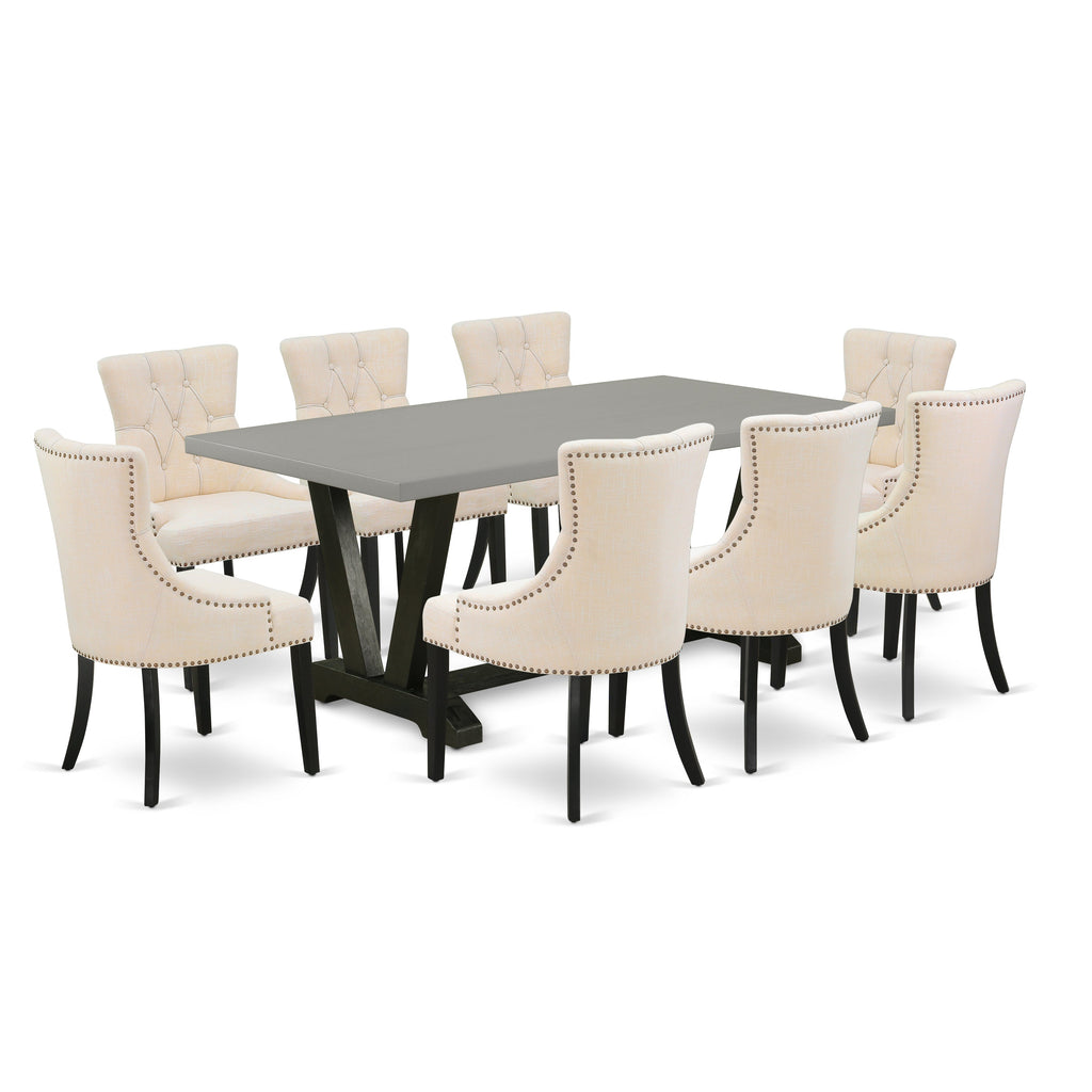 East West Furniture V697FR102-9 9 Piece Dining Room Set Includes a Rectangle Kitchen Table with V-Legs and 8 Light Beige Linen Fabric Upholstered Parson Chairs