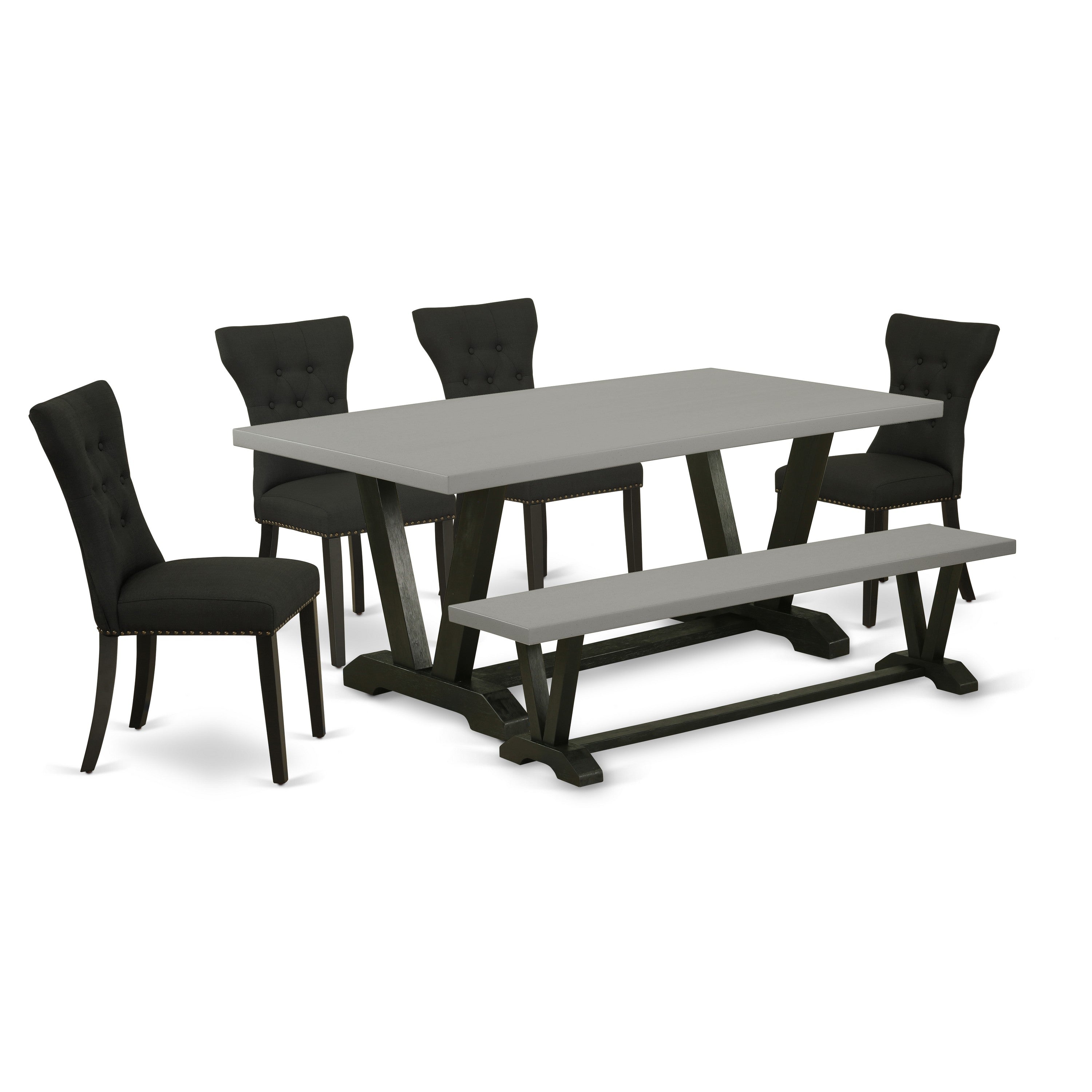 Juego de mesa de comedor moderna de 6 piezas East West Furniture V697GA124-6. Contiene una mesa rectangular de madera con patas en V y 4 sillas Parson de tela de lino negro con un banco.