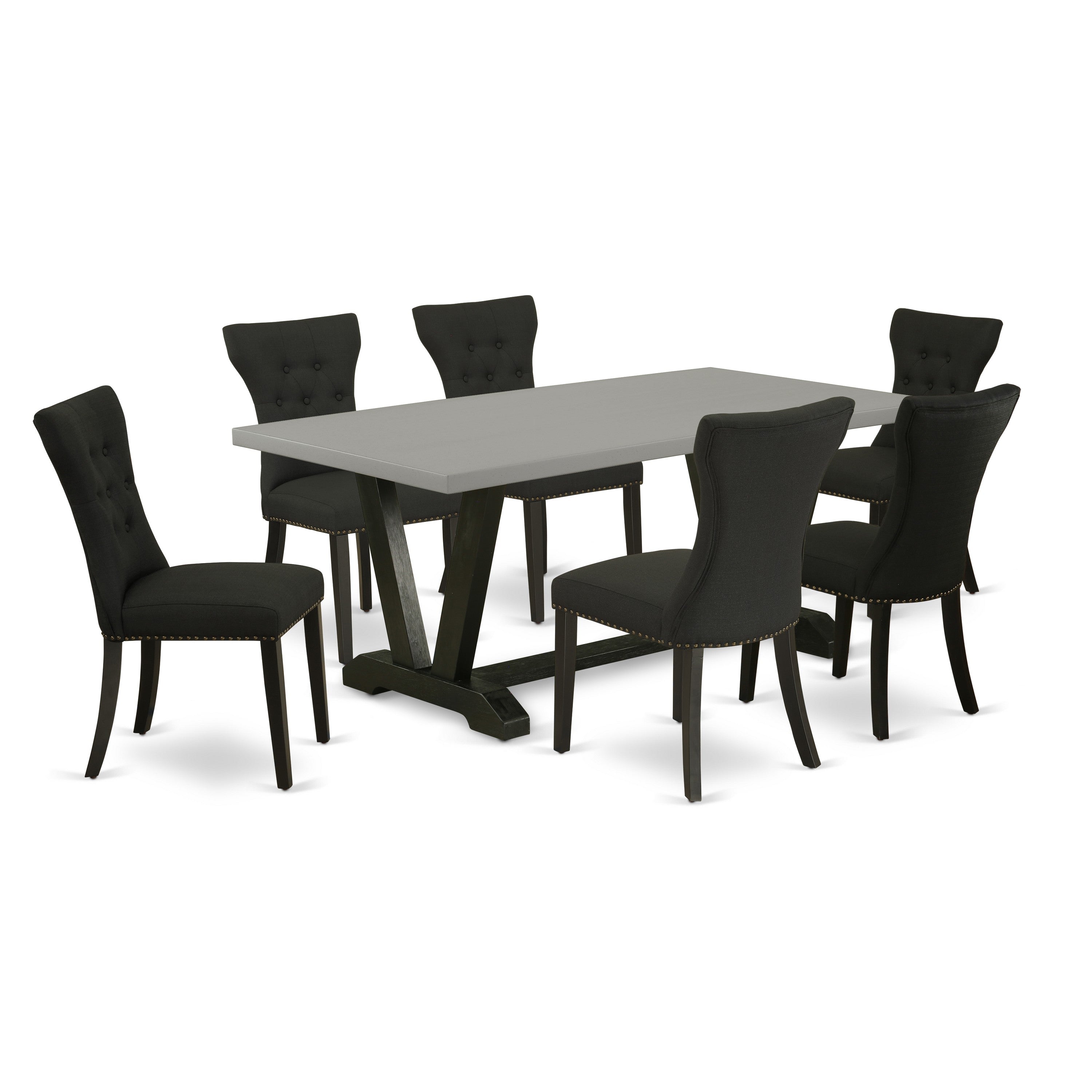 Juego de mesa de comedor de 7 piezas East West Furniture V697GA124-7 compuesto por una mesa de comedor rectangular con patas en V y 6 sillas Parsons de tela de lino negro.