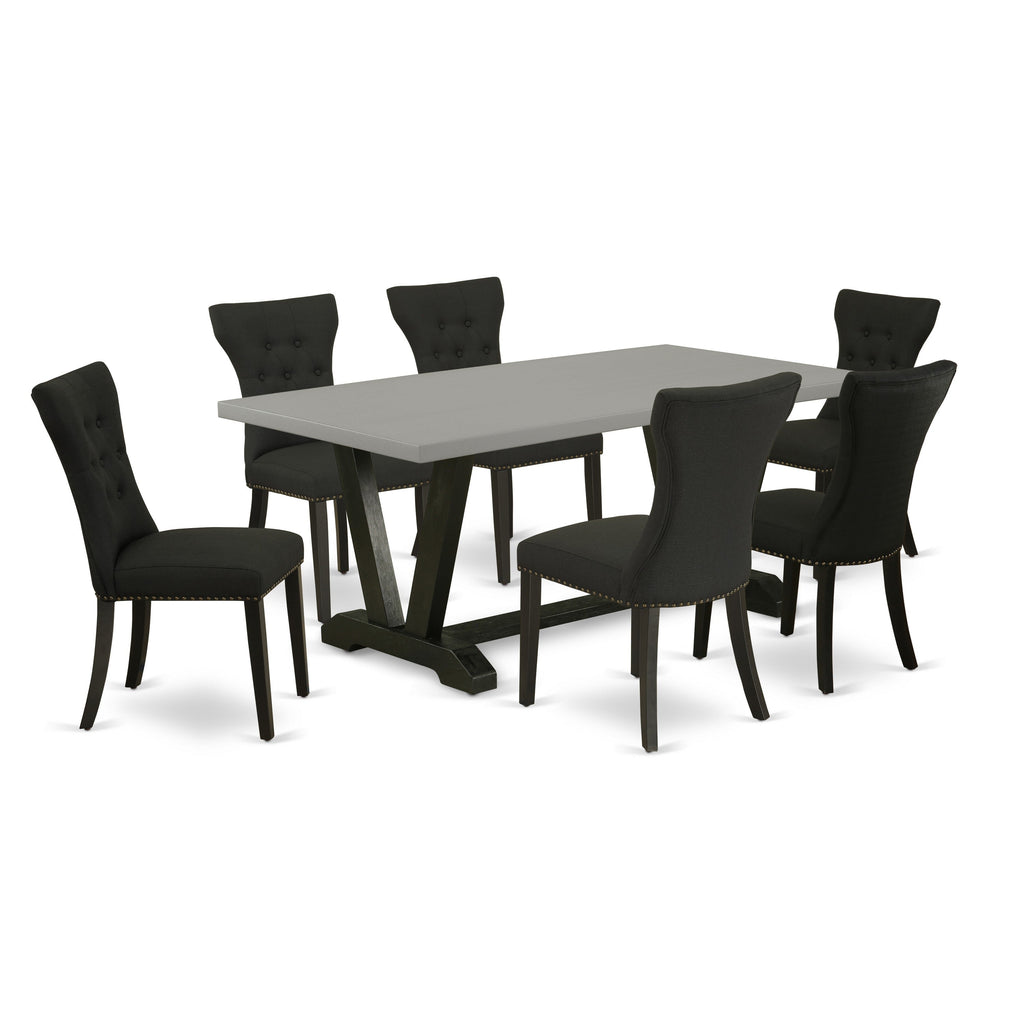 East West Furniture V697GA124-7 7 Piece Dining Table Set Consist of a Rectangle Dining Room Table with V-Legs and 6 Black Linen Fabric Parsons Chairs