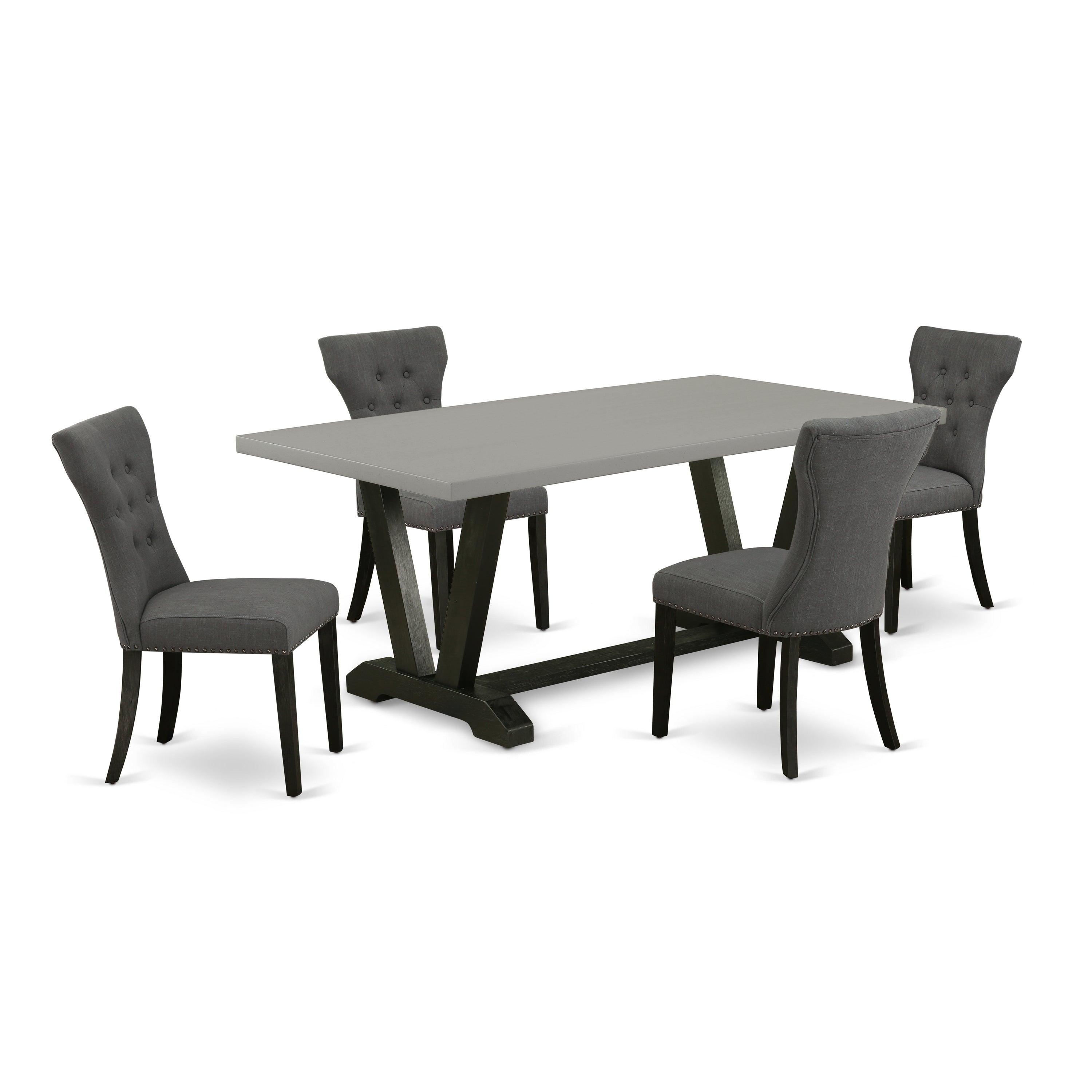 El juego de comedor de 5 piezas East West Furniture V697GA650-5 incluye una mesa de comedor rectangular con patas en V y 4 sillas Parson tapizadas en tela de lino Gotham oscuro.