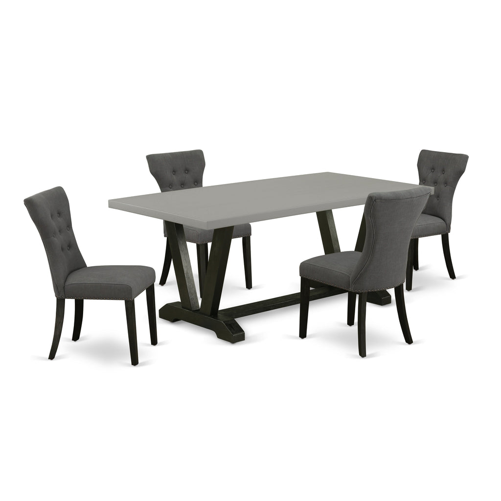 El juego de comedor de 5 piezas East West Furniture V697GA650-5 incluye una mesa de comedor rectangular con patas en V y 4 sillas Parson tapizadas en tela de lino Gotham oscuro.