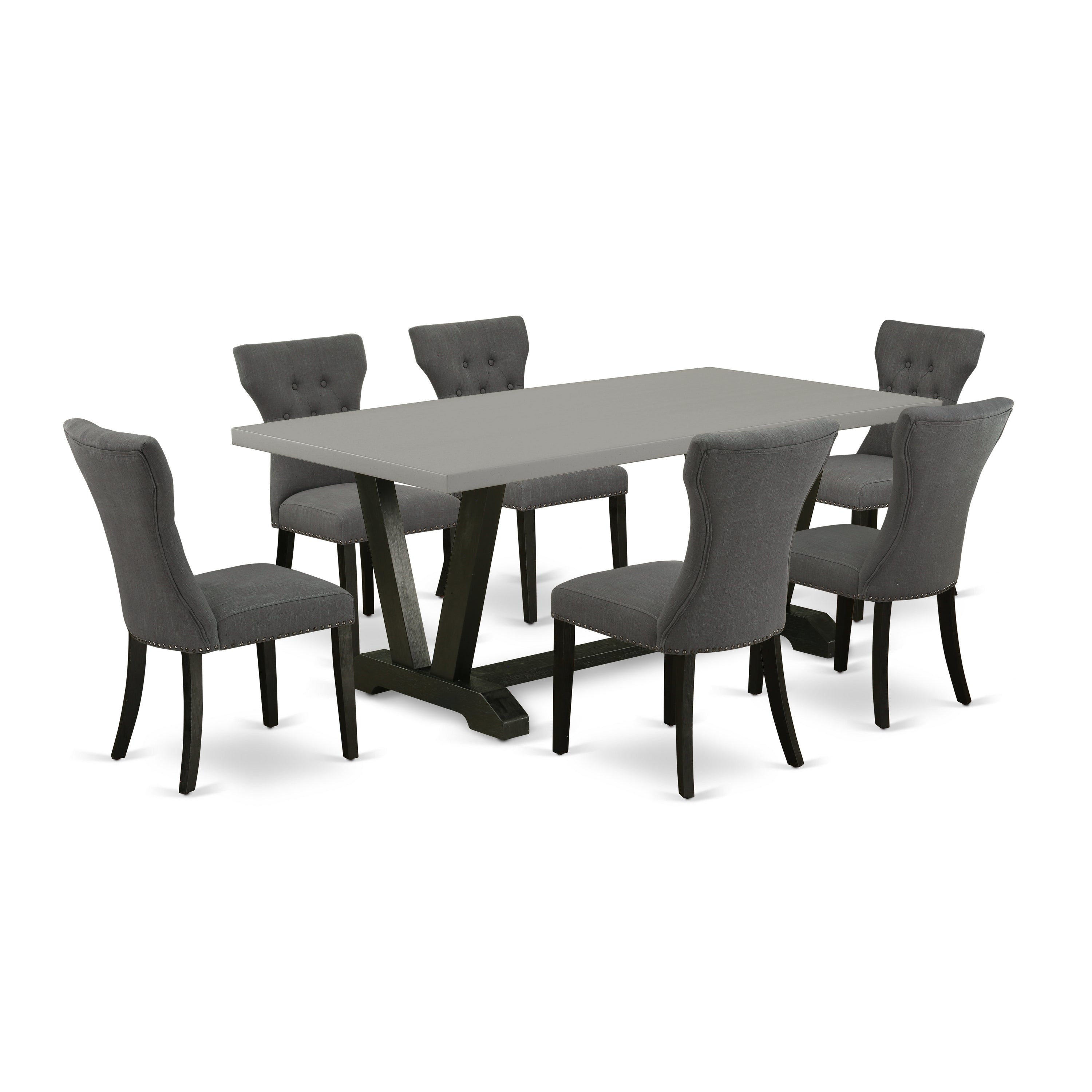 Juego de comedor de 7 piezas East West Furniture V697GA650-7 compuesto por una mesa de comedor rectangular con patas en V y 6 sillas de comedor Parsons de tela de lino Gotham oscuro.