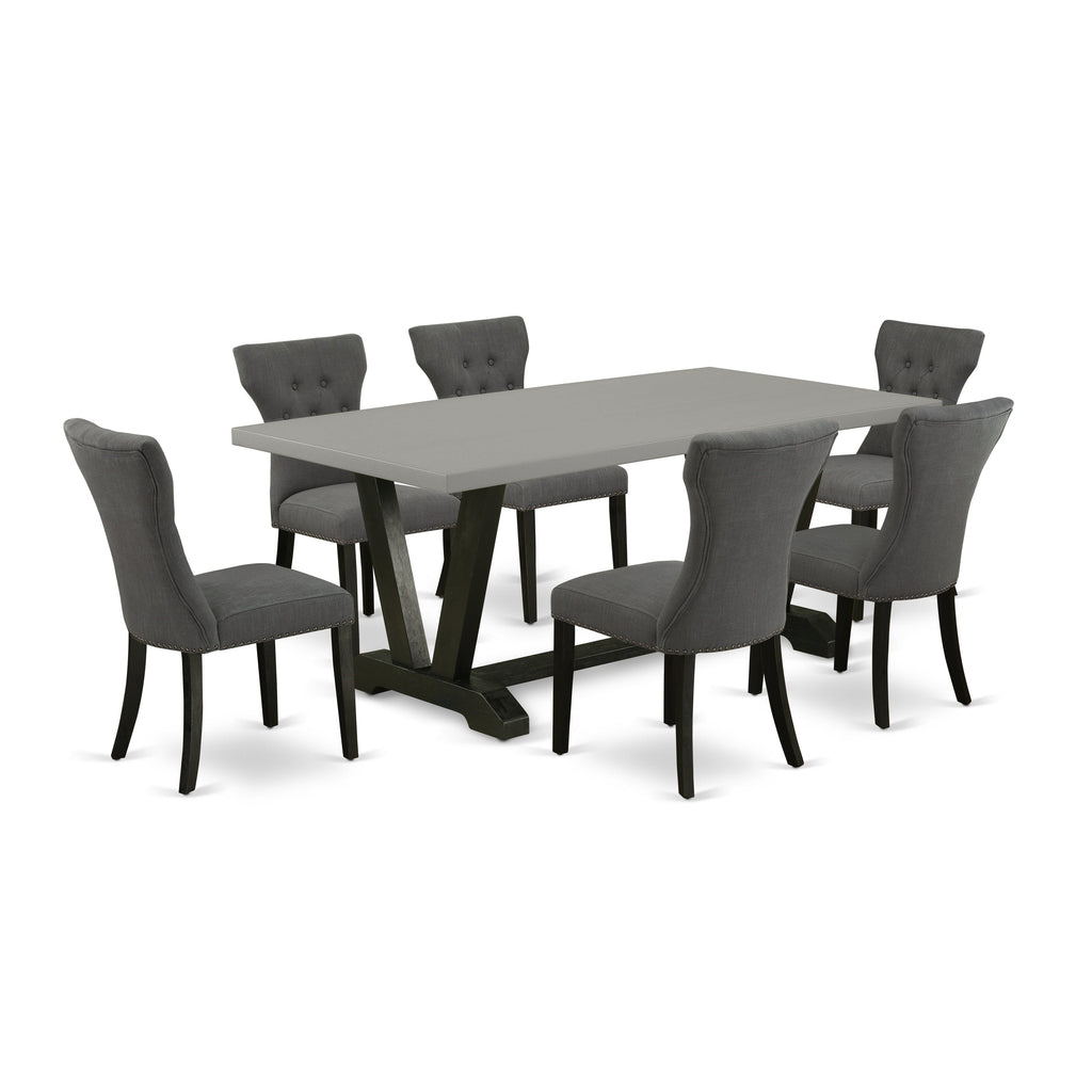 Juego de comedor de 7 piezas East West Furniture V697GA650-7 compuesto por una mesa de comedor rectangular con patas en V y 6 sillas de comedor Parsons de tela de lino Gotham oscuro.