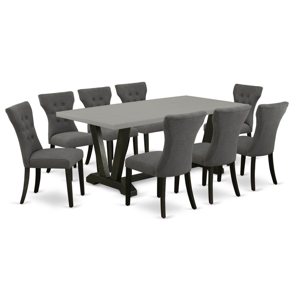 El juego de comedor moderno East West Furniture V697GA650-9 de 9 piezas incluye una mesa rectangular de madera con patas en V y 8 sillas tapizadas en tela de lino Gotham oscuro.