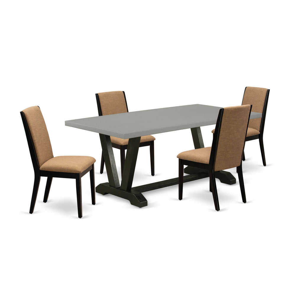 Juego de mesa y sillas de cocina de 5 piezas East West Furniture V697LA147-5. Incluye una mesa de comedor rectangular con patas en V y 4 sillas Parsons de tela de lino color sable claro.