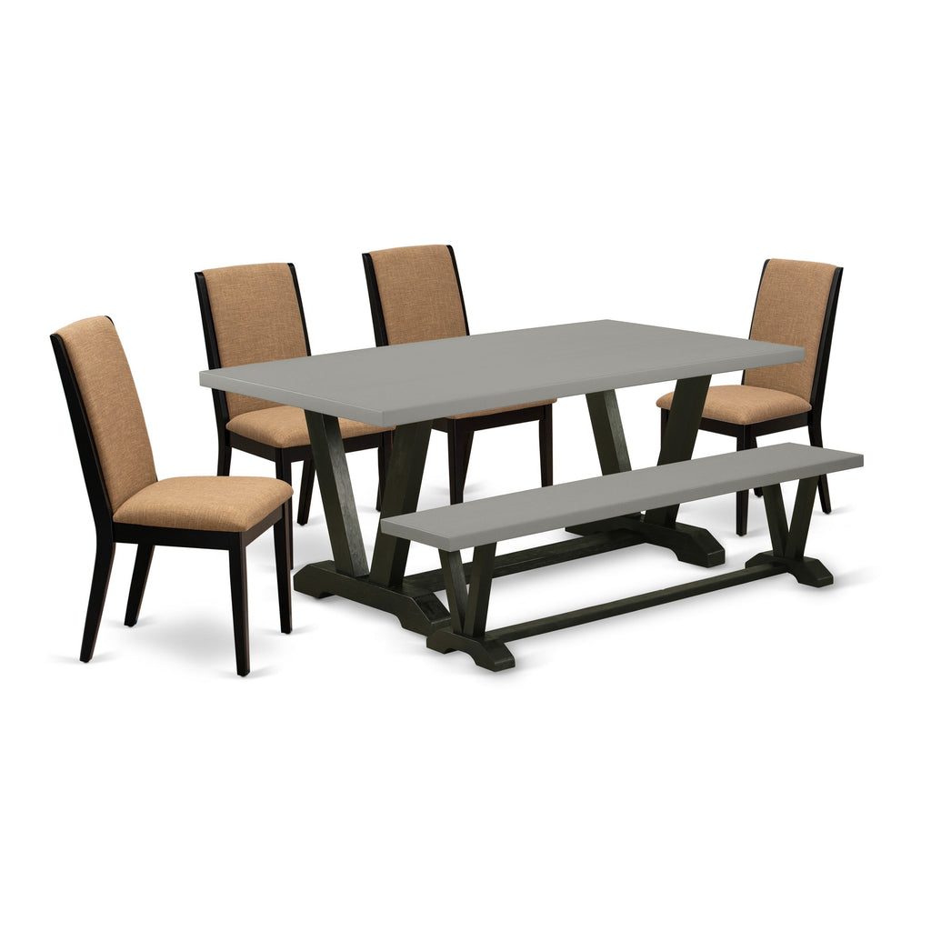 Juego de mesa de comedor de 6 piezas East West Furniture V697LA147-6. Contiene una mesa de cocina rectangular con patas en V y 4 sillas Parson de tela de lino color sable claro con un banco.