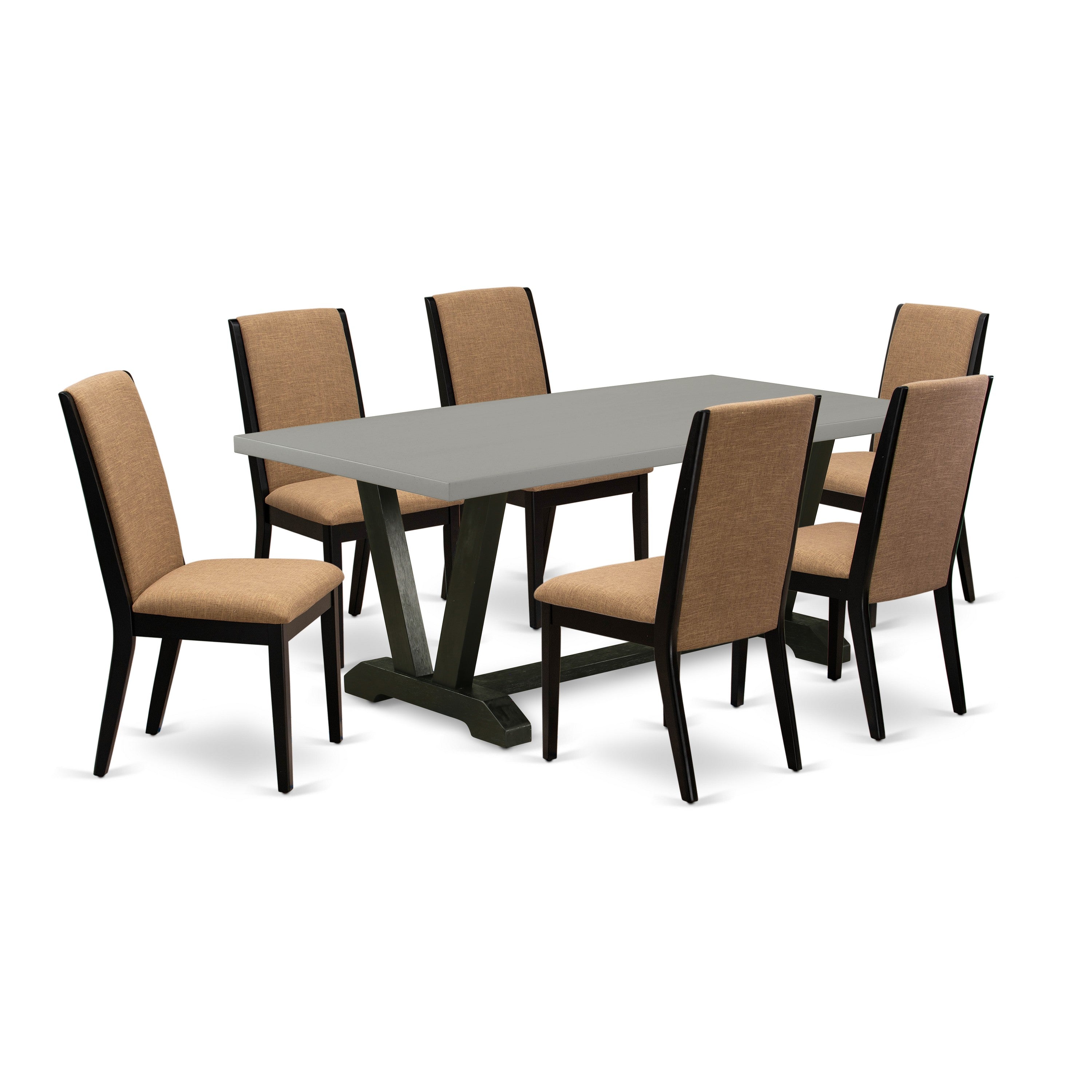 Juego de comedor de 7 piezas East West Furniture V697LA147-7 compuesto por una mesa de comedor rectangular con patas en V y 6 sillas Parson de tela de lino color sable claro.