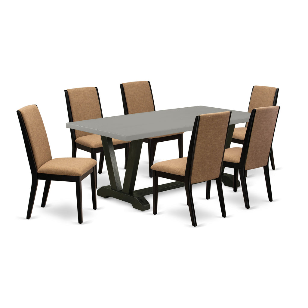 Juego de comedor de 7 piezas East West Furniture V697LA147-7 compuesto por una mesa de comedor rectangular con patas en V y 6 sillas Parson de tela de lino color sable claro.