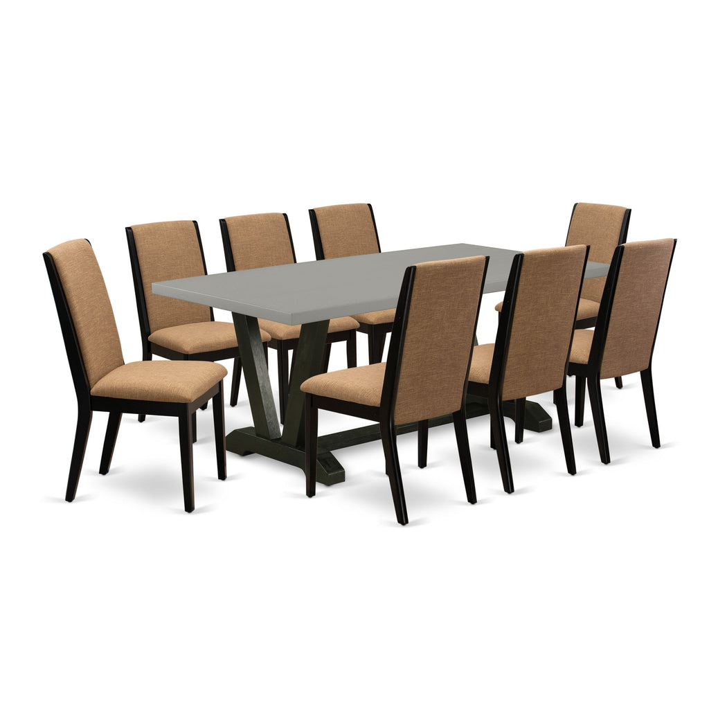 El juego de mesa de comedor de 9 piezas East West Furniture V697LA147-9 incluye una mesa de comedor rectangular con patas en V y 8 sillas tapizadas en tela de lino color sable claro.