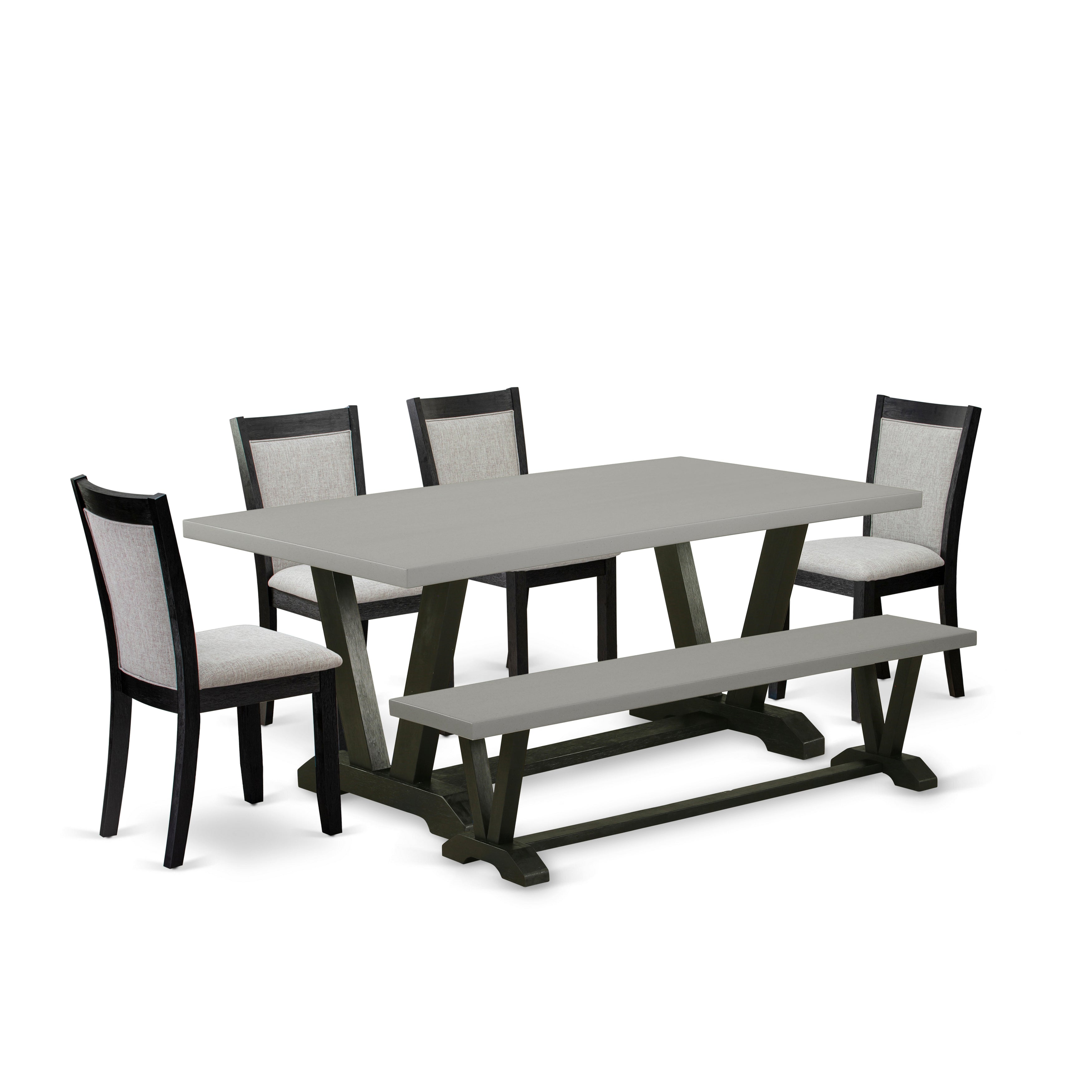 East West Furniture V697MZ606-6 6 Piece Modern Dining Set - Cement Top Dinning Table with a Kitchen Bench and 4 Shitake Linen Fabric Upholstered Parson Chairs - Wire Brushed Black Finish
