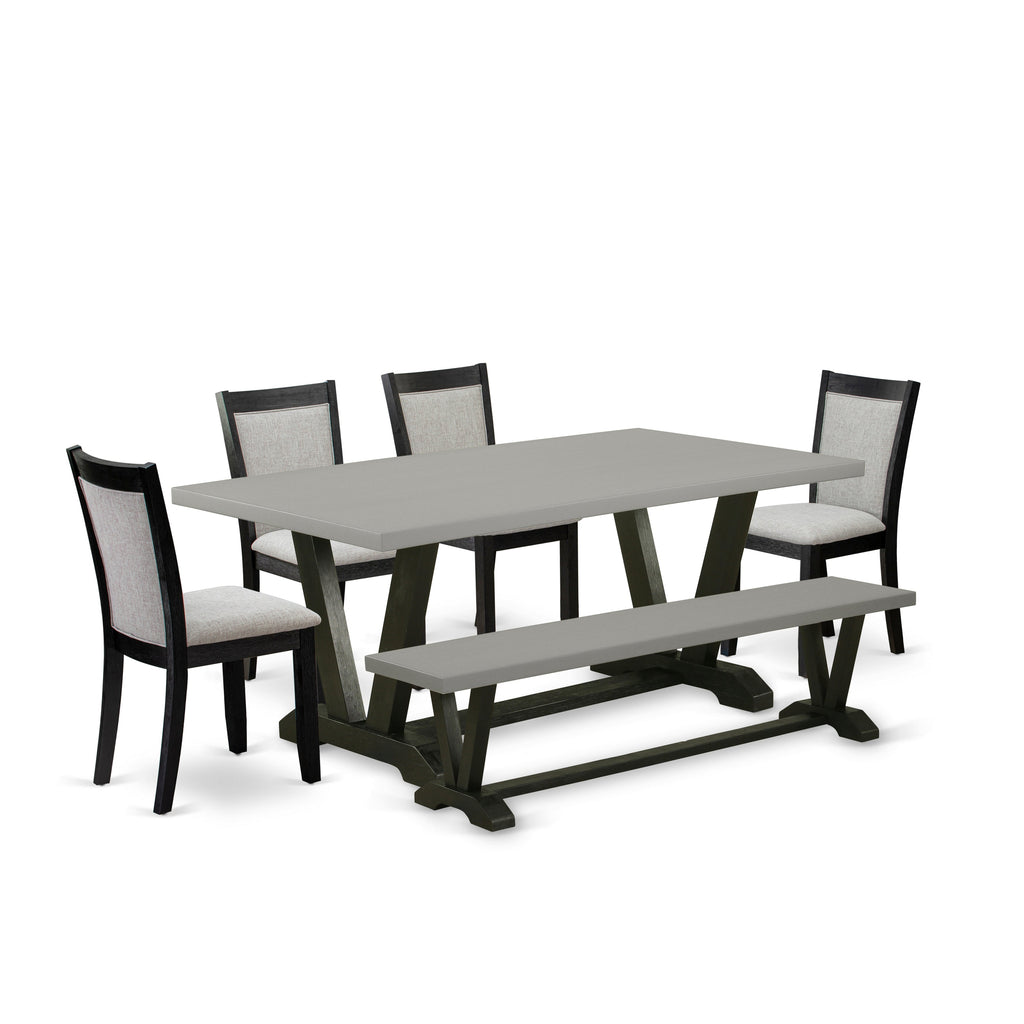 East West Furniture V697MZ606-6 6 Piece Dining Table Set Contains a Rectangle Dining Room Table with V-Legs and 4 Shitake Linen Fabric Parson Chairs with a Bench