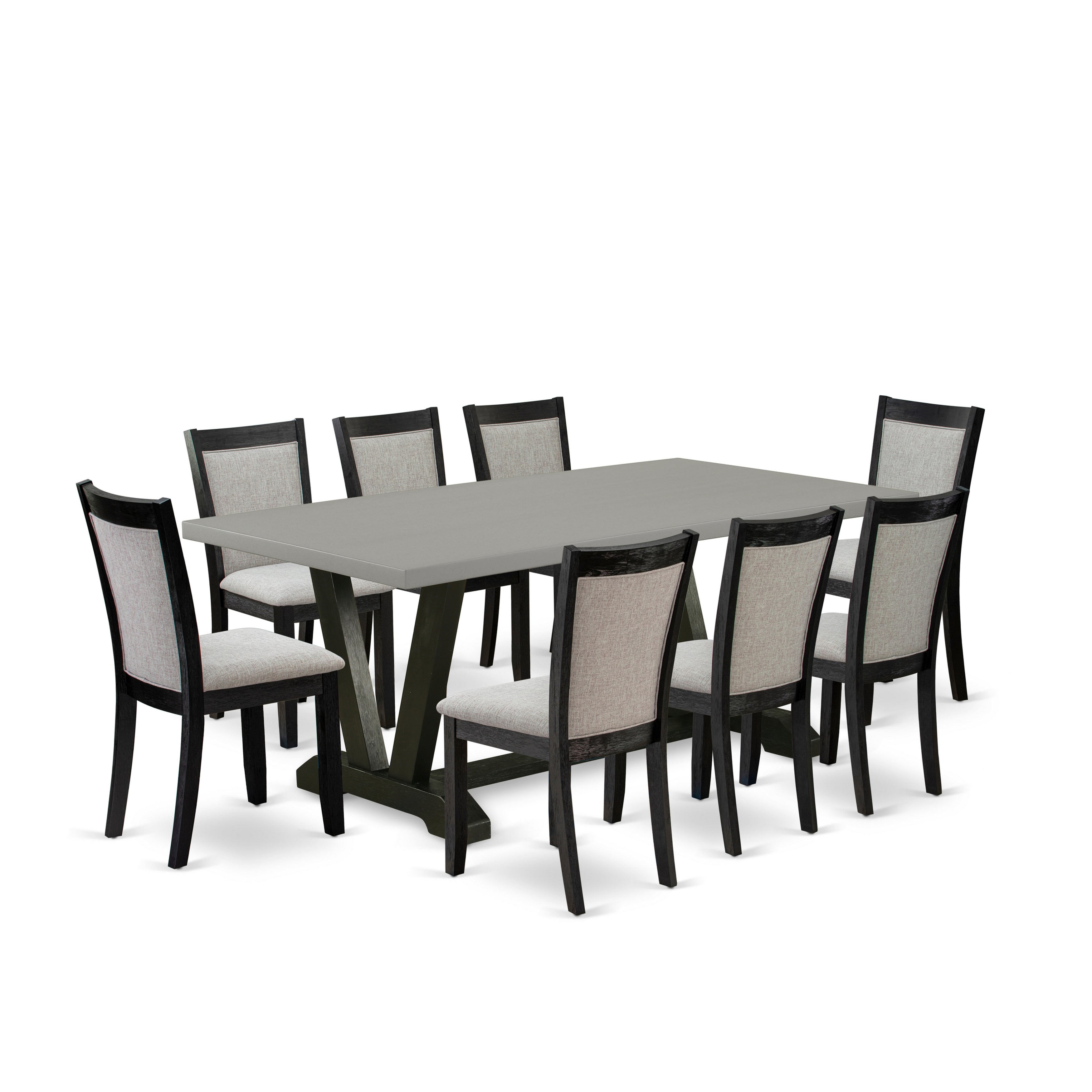 East West Furniture V697MZ606-9 9 Piece Modern Dining Set - A Cement Top Wooden Table with Trestle Base and 8 Shitake Linen Fabric Kitchen Chairs - Wire Brushed Black Finish