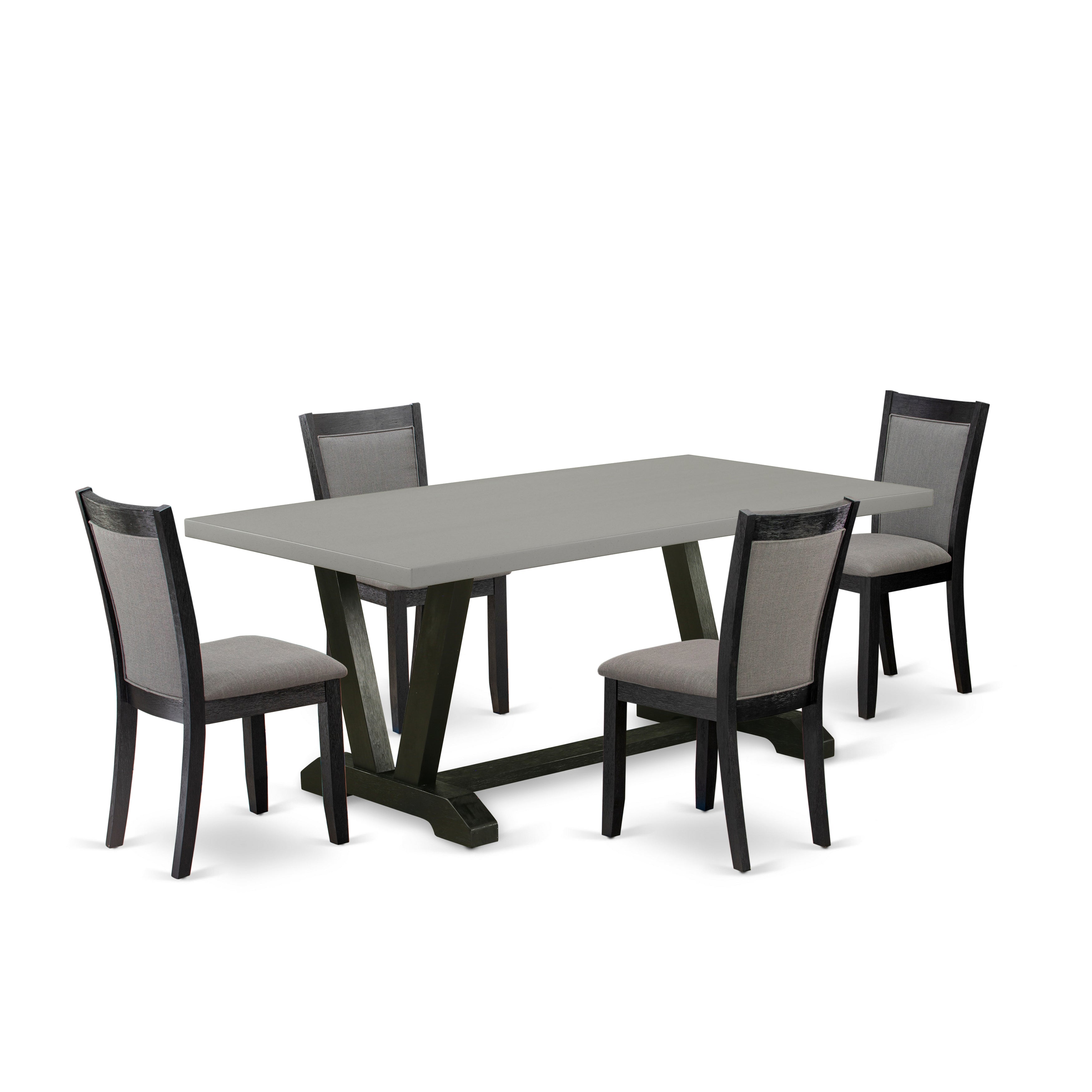 East West Furniture V697MZ650-5 5 Piece Table Set - A Cement Top Modern Dining Table with Trestle Base and 4 Dark Gotham Grey Linen Fabric Upholstered Dining Chairs - Wire Brushed Black Finish