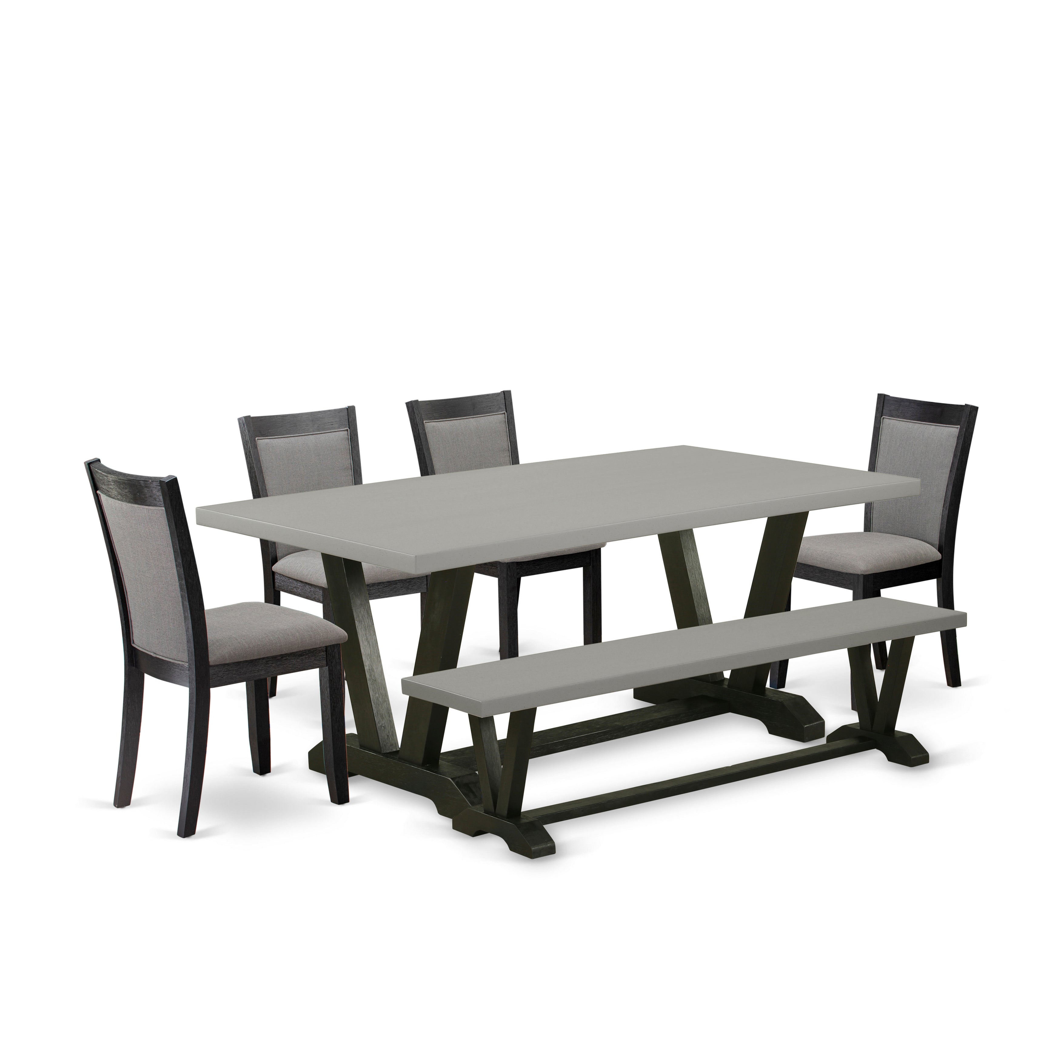 East West Furniture V697MZ650-6 6 Pc Dinner Table Set - Cement Top Modern Dining Table with a Wooden Bench and 4 Dark Gotham Grey Linen Fabric Upholstered Dining Chairs - Wire Brushed Black Finish