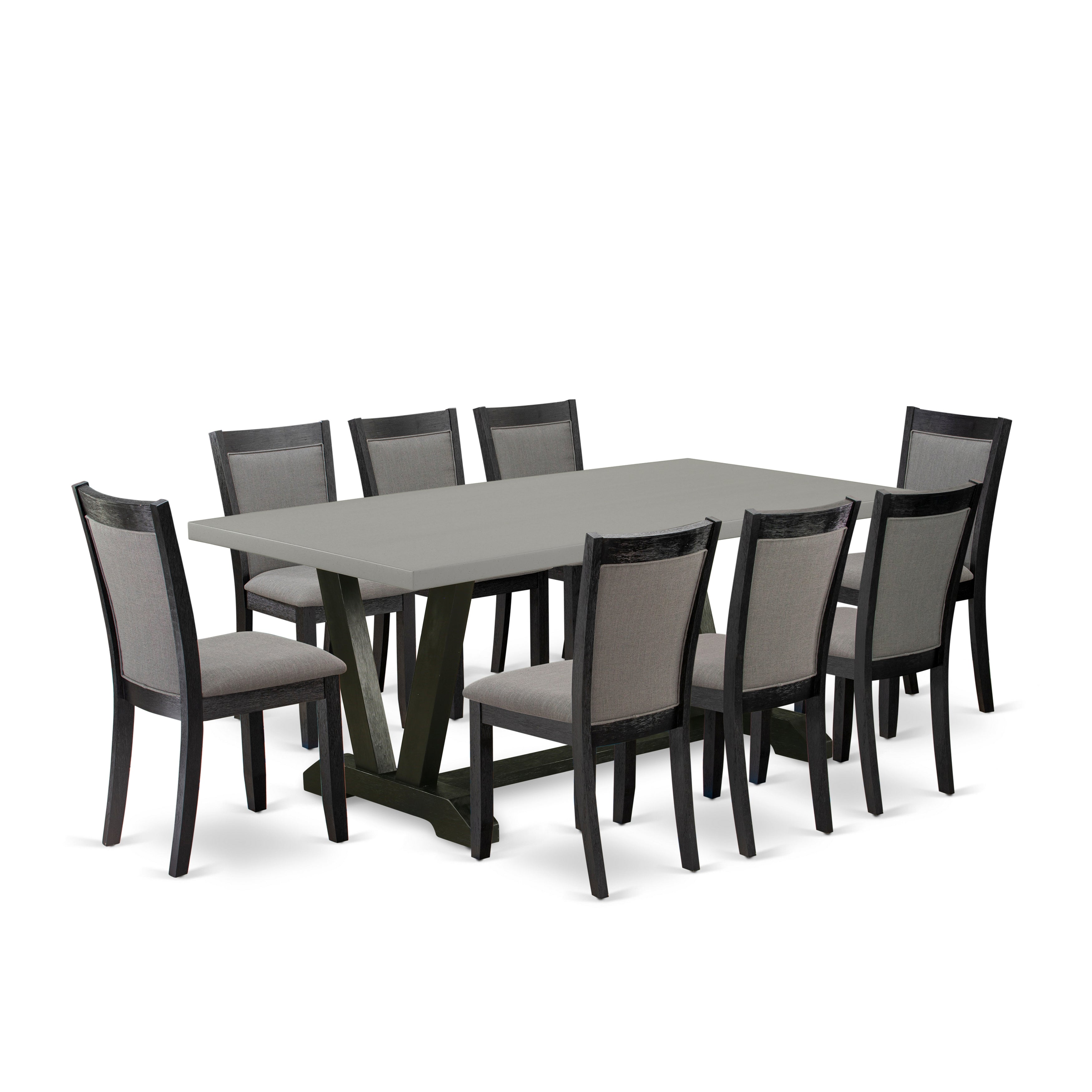 East West Furniture V697MZ650-9 9 Piece Dining Room Set - Cement Top Wood Dining Table with Trestle Base and 8 Dark Gotham Grey Linen Fabric Parson Chairs - Wire Brushed Black Finish
