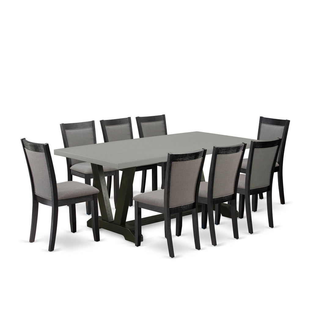 East West Furniture V697MZ650-9 9 Piece Kitchen Table Set Includes a Rectangle Dining Table with V-Legs and 8 Dark Gotham Grey Linen Fabric Parson Dining Chairs