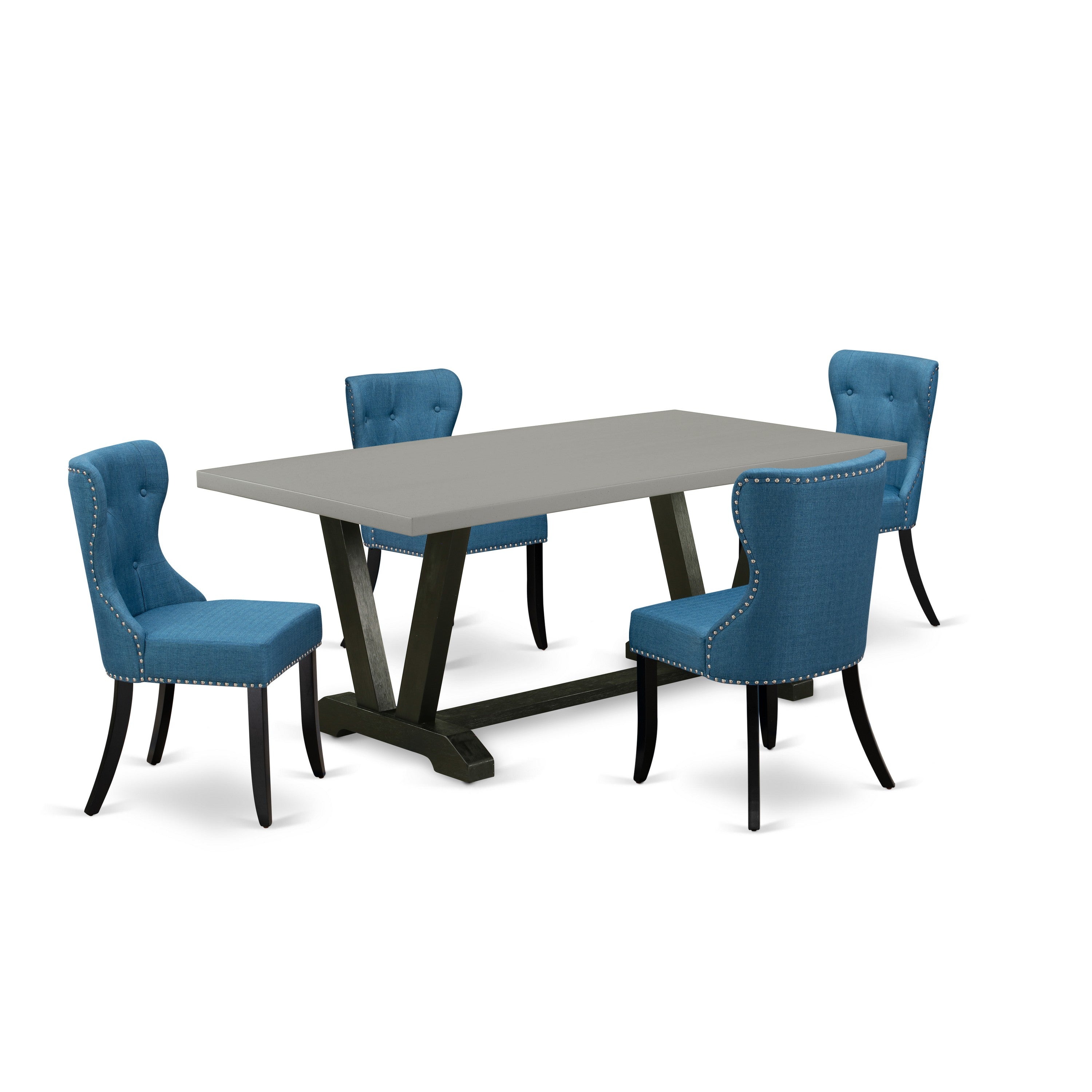 Juego de mesa de comedor moderna de 5 piezas East West Furniture V697SI121-5. Incluye una mesa rectangular de madera con patas en V y 4 sillas Parson tapizadas en tela de lino azul.