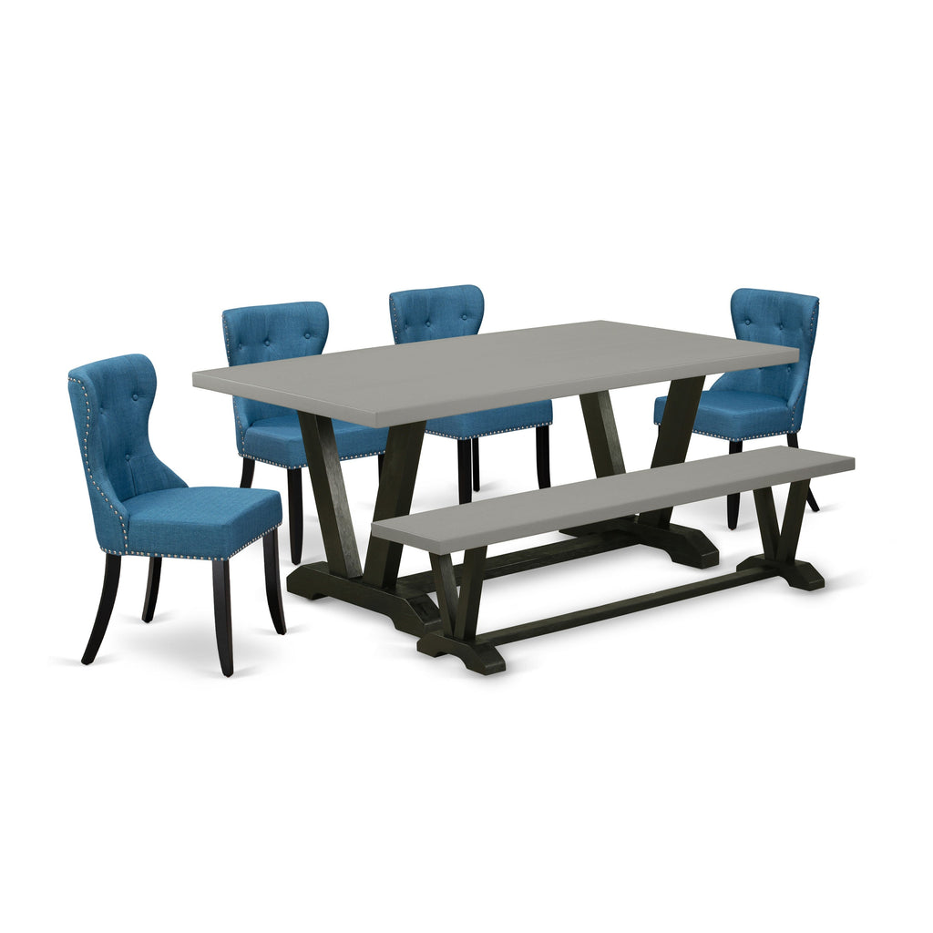 Juego de mesa de comedor moderna de 6 piezas East West Furniture V697SI121-6. Contiene una mesa rectangular de madera con patas en V y 4 sillas Parson de tela de lino azul con un banco.
