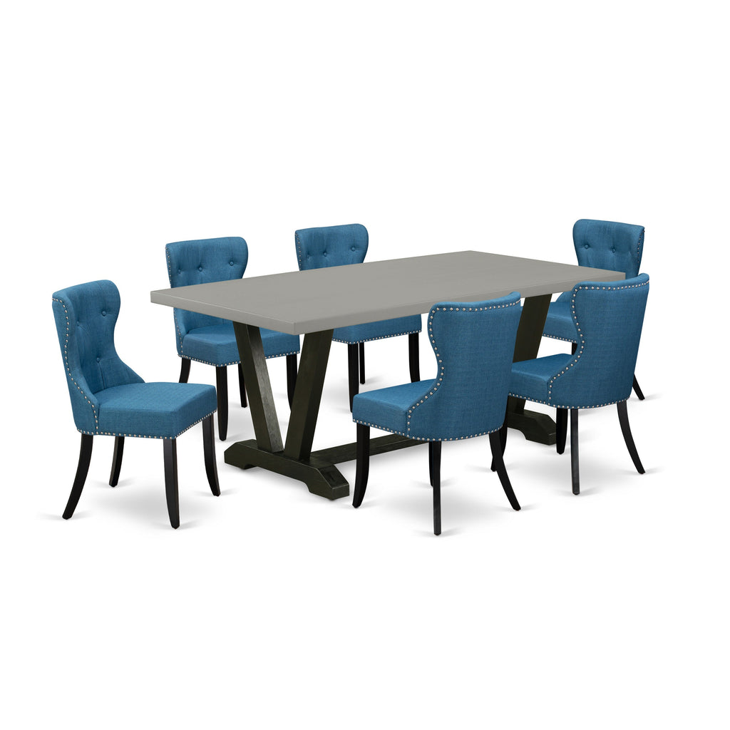 Juego de comedor de 7 piezas East West Furniture V697SI121-7 compuesto por una mesa de comedor rectangular con patas en V y 6 sillas Parson tapizadas en tela de lino azul.
