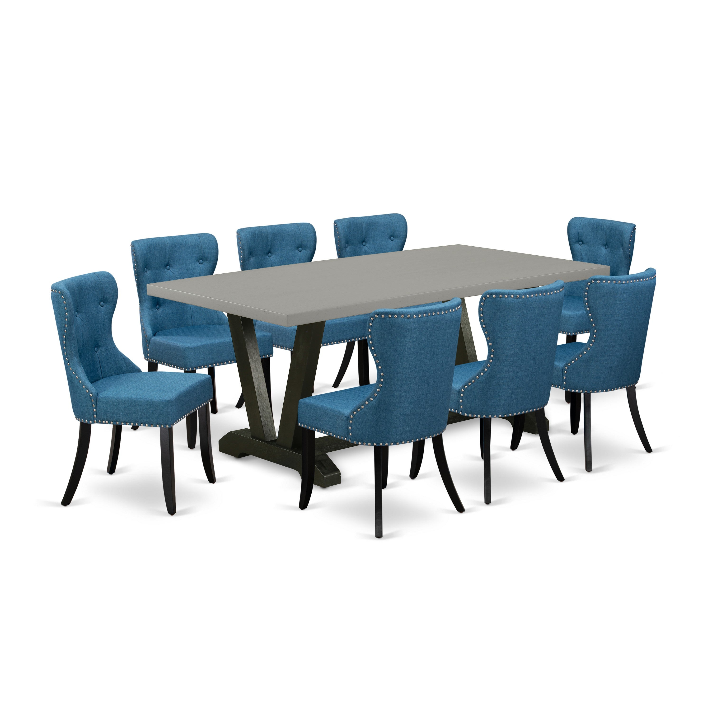 Juego de mesa de comedor moderna East West Furniture V697SI121-9 de 9 piezas. Incluye una mesa rectangular de madera con patas en V y 8 sillas tapizadas en tela de lino azul, 40 x 72 pulgadas, multicolor.