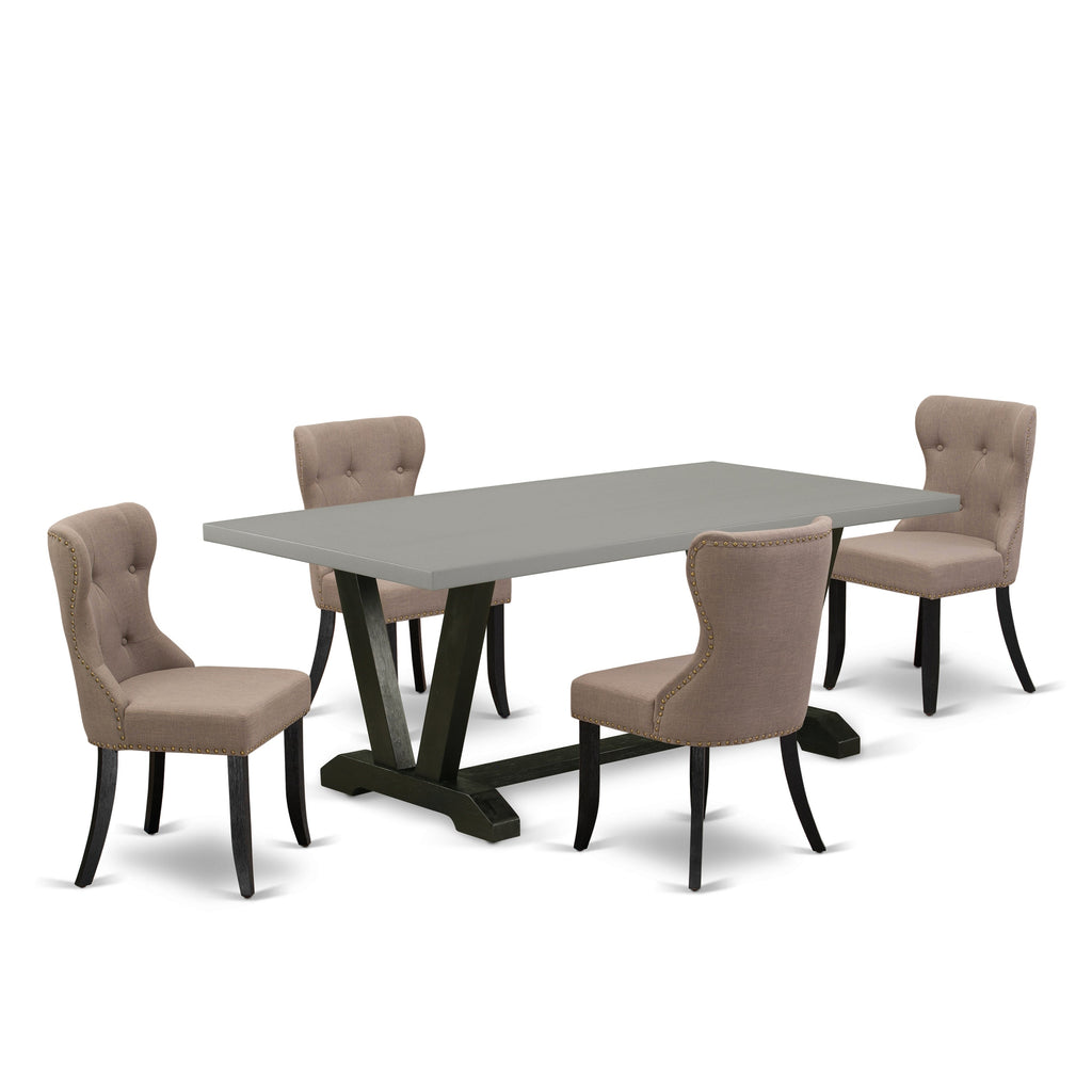 East West Furniture V697SI648-5 5-Pc Dining Table Set- 4 kitchen chairs with Coffee Linen Fabric Seat and Button Tufted Chair Back - Dining Room Table - Cement Finish