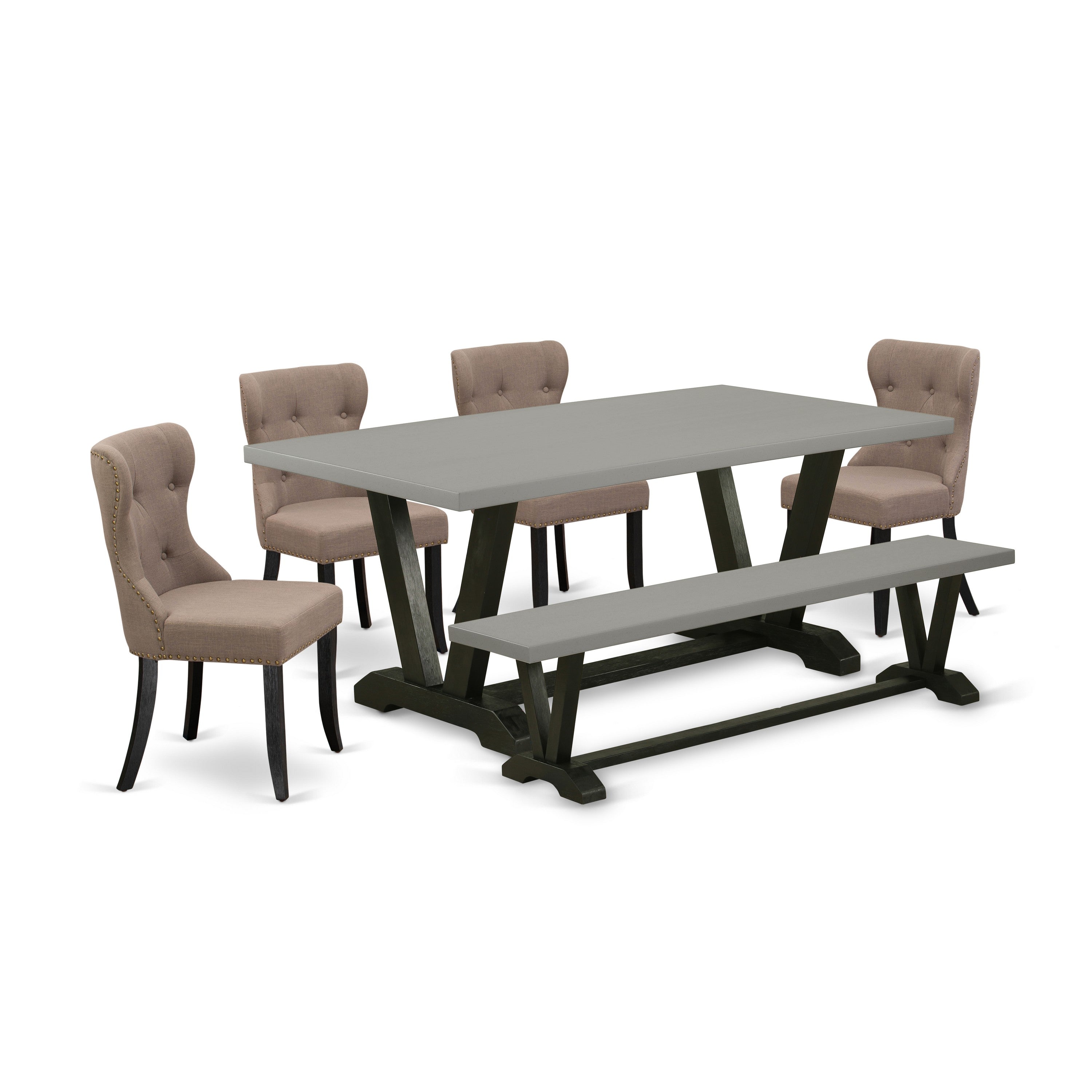 East West Furniture V697SI648-6 6-Piece Modern Dining Table Set- 4 Coffee Linen Fabric Kitchen Chairs with Button Tufted Back - A Kitchen Table and 1 Wooden Dining Bench - Cement Finish