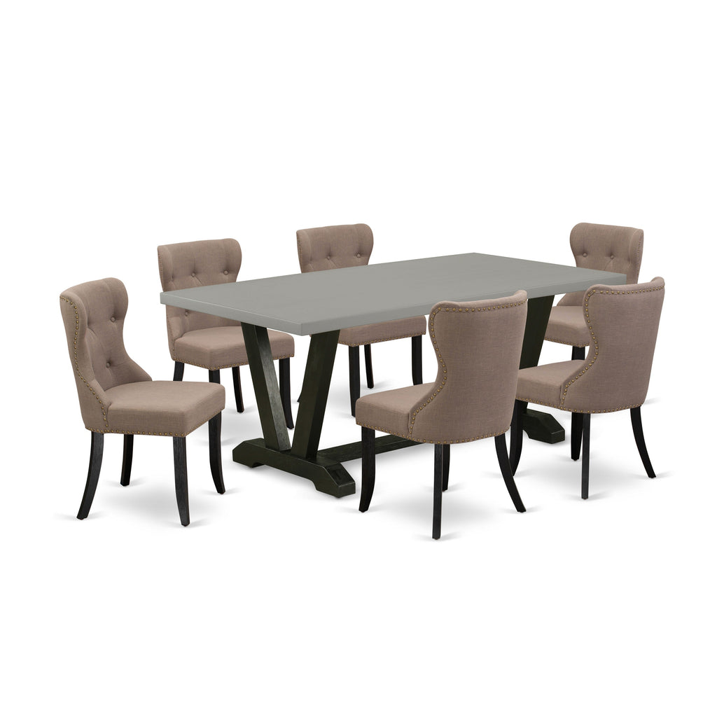 East West Furniture 7-Pc Dining Room Table Set- 6 kitchen chairs with Coffee Linen Fabric Seat and Button Tufted Chair Back - Rectangular Table top & Wooden Legs - Cement and Wire Brushed Black Finish