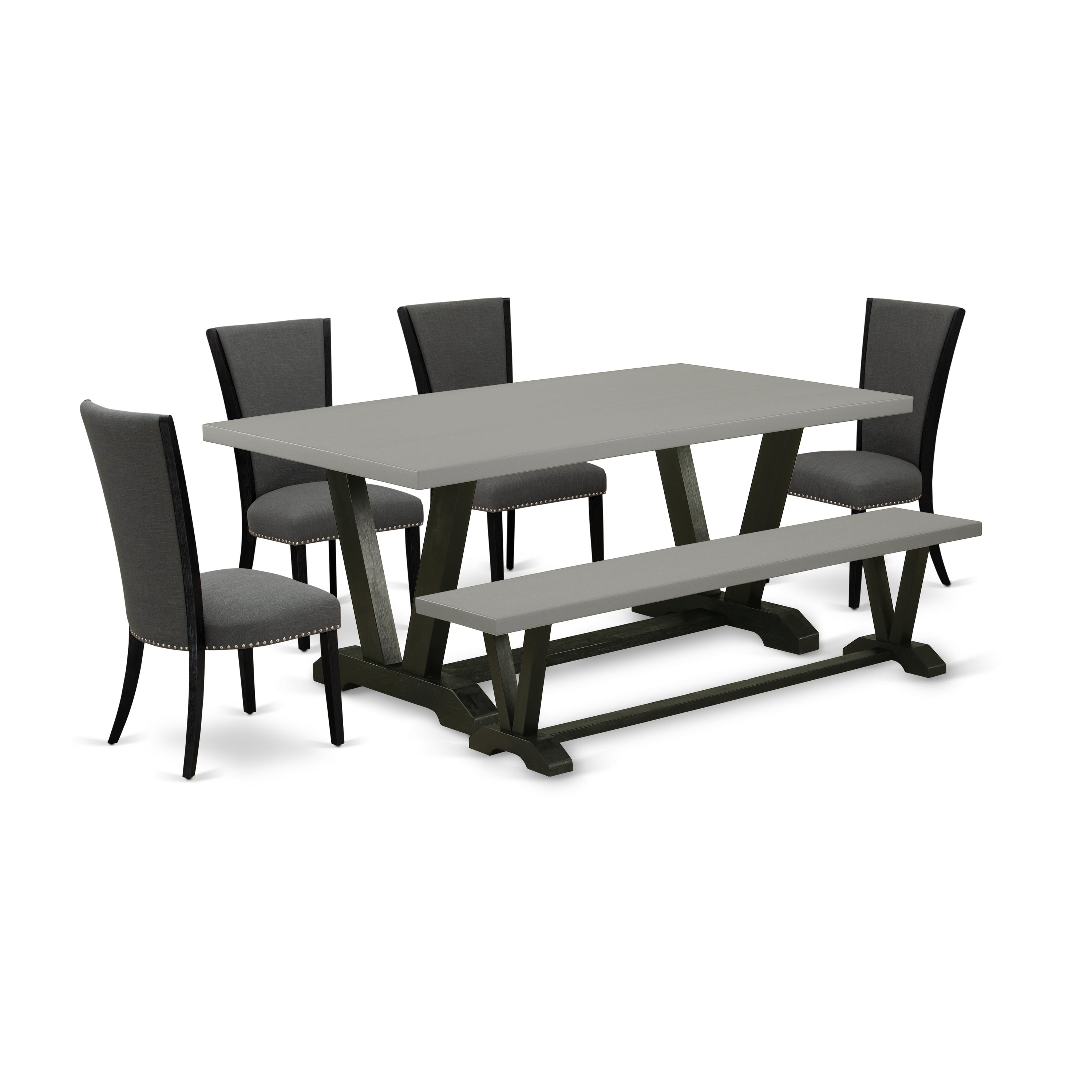 Juego de mesa de comedor de 6 piezas East West Furniture V697VE650-6. Contiene una mesa de comedor rectangular y 4 sillas Parson de tela de lino Gotham oscuro con un banco.