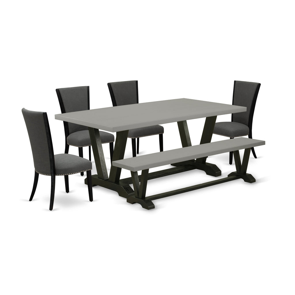 East West Furniture V697VE650-6 6 Piece dining table set - 4 Dark Gotham Grey Linen Fabric Comfortable Chair with Nailheads and Cement Dining Room Table - 1 Dining Bench - Black Finish