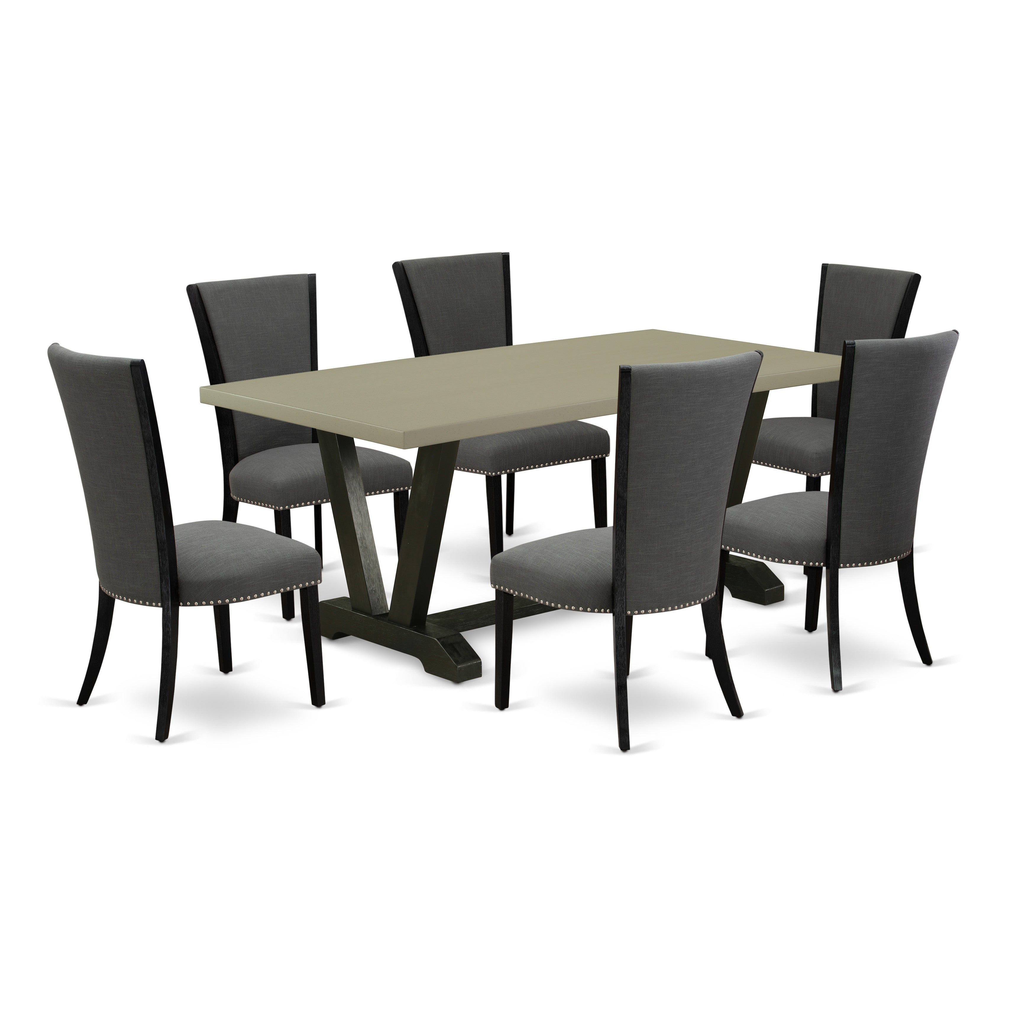 East West Furniture V697VE650-7 7 Pc Kitchen Dining Table Set Includes a Cement Kitchen Table and 6 Dark Gotham Grey Linen Fabric Upholstered Chairs with High Back - Wire Brushed Black Finish