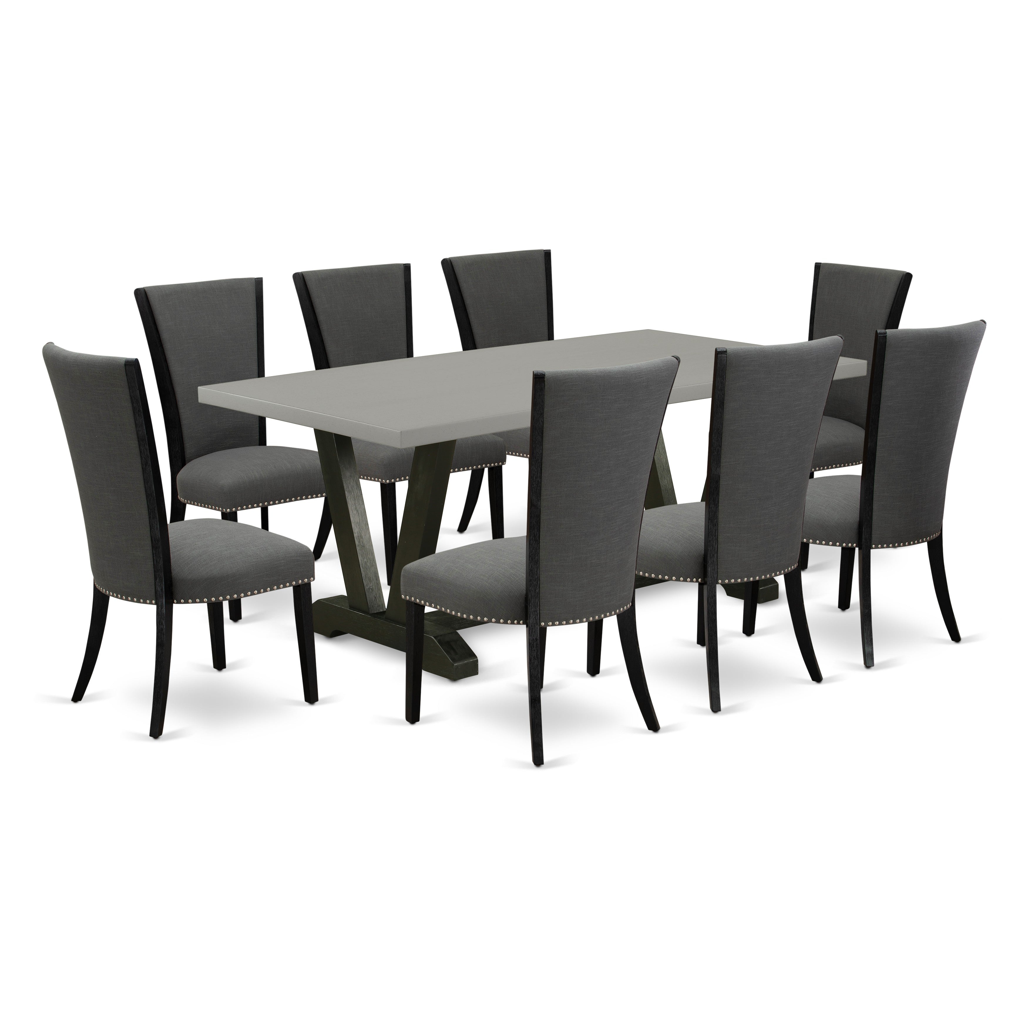 East West Furniture V697VE650-9 9Pc Dinette Sets for Small Spaces Consists of a Dinette Table and 8 Parson Dining Chairs with Dark Gotham Grey Color Linen Fabric, Medium Size Table with Full Back Chairs, Wirebrushed Black and Cement Finish