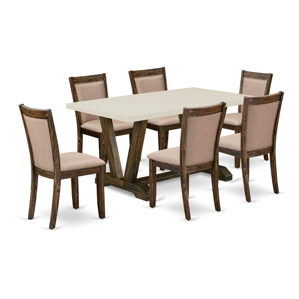 East West Furniture V726MZ716-7 7 Piece Dining Table Set Consist of a Rectangle Dining Room Table with V-Legs and 6 Dark Khaki Linen Fabric Upholstered Chairs, 36x60 Inch, Multi-Color