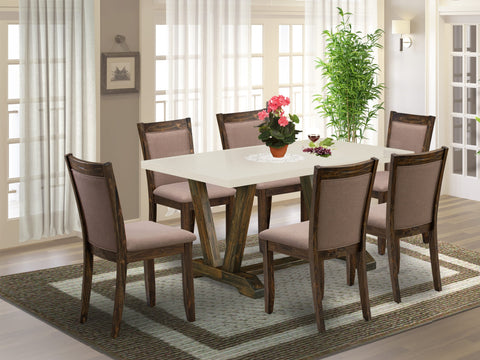 East West Furniture V726MZ748-7 7 Piece Modern Dining Table Set Consist of a Rectangle Wooden Table with V-Legs and 6 Coffee Linen Fabric Upholstered Chairs, 36x60 Inch, Multi-Color