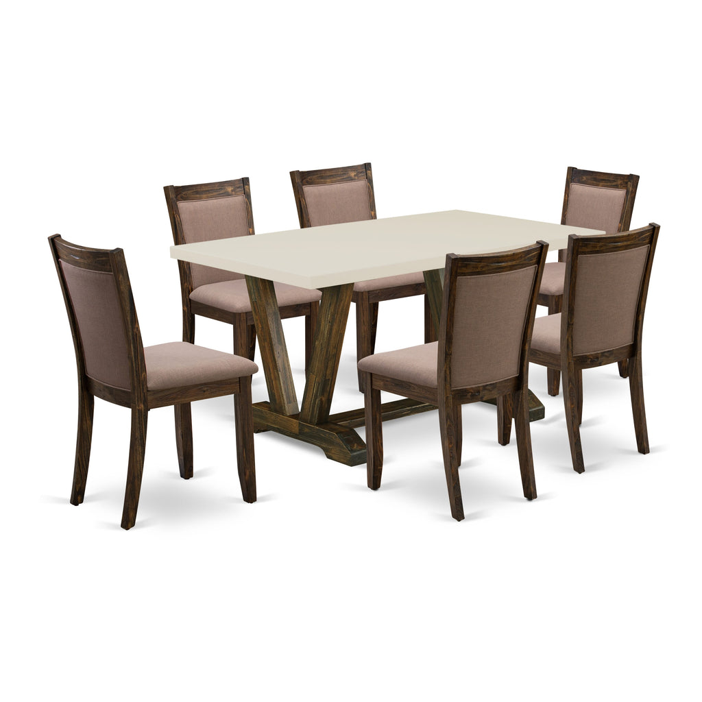 East West Furniture V726MZ748-7 7 Piece Modern Dining Table Set Consist of a Rectangle Wooden Table with V-Legs and 6 Coffee Linen Fabric Upholstered Chairs, 36x60 Inch, Multi-Color