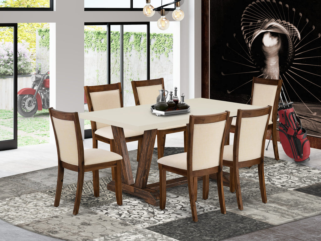East West Furniture V726MZN32-7 7 Piece Modern Dining Table Set Consist of a Rectangle Wooden Table with V-Legs and 6 Light Beige Linen Fabric Parsons Dining Chairs, 36x60 Inch, Multi-Color